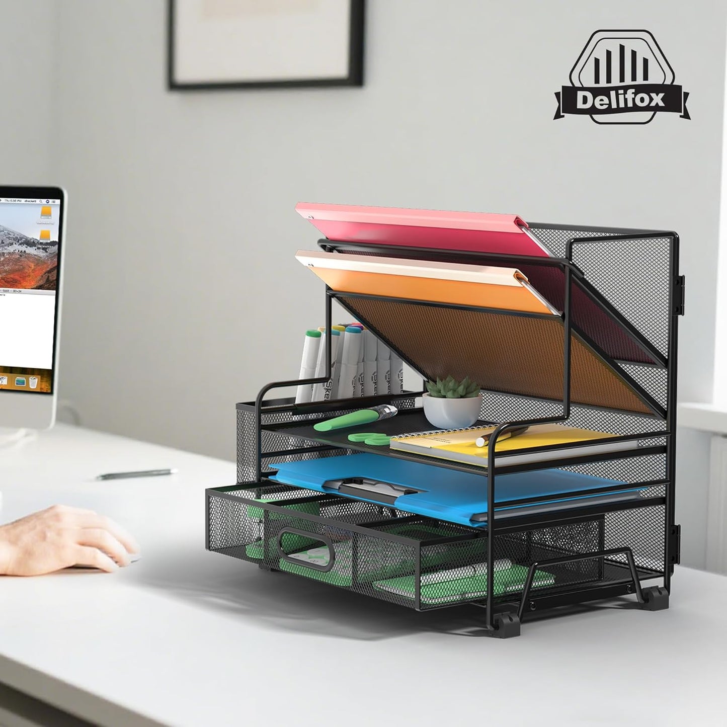 5 Tier Desk Organizer with Drawer & Pen Holders, Desk File Organizer Letter Tray Paper Organizer, Black