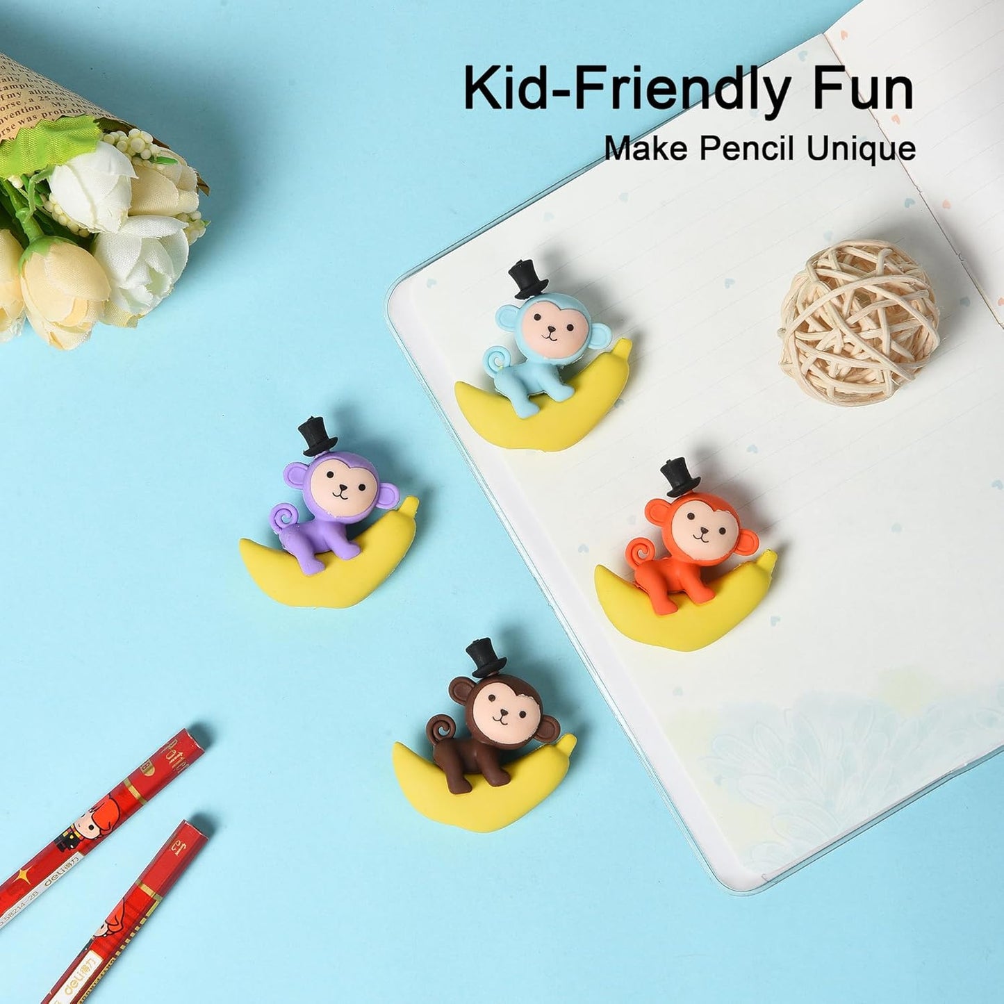 16Pcs Pencil Top Erasers for Kids, 3D Cute Monkey Pencil Toppers, Bulk Fun Pencil Cap Easters for School Classroom Supplies Prize Gifts Party Favors