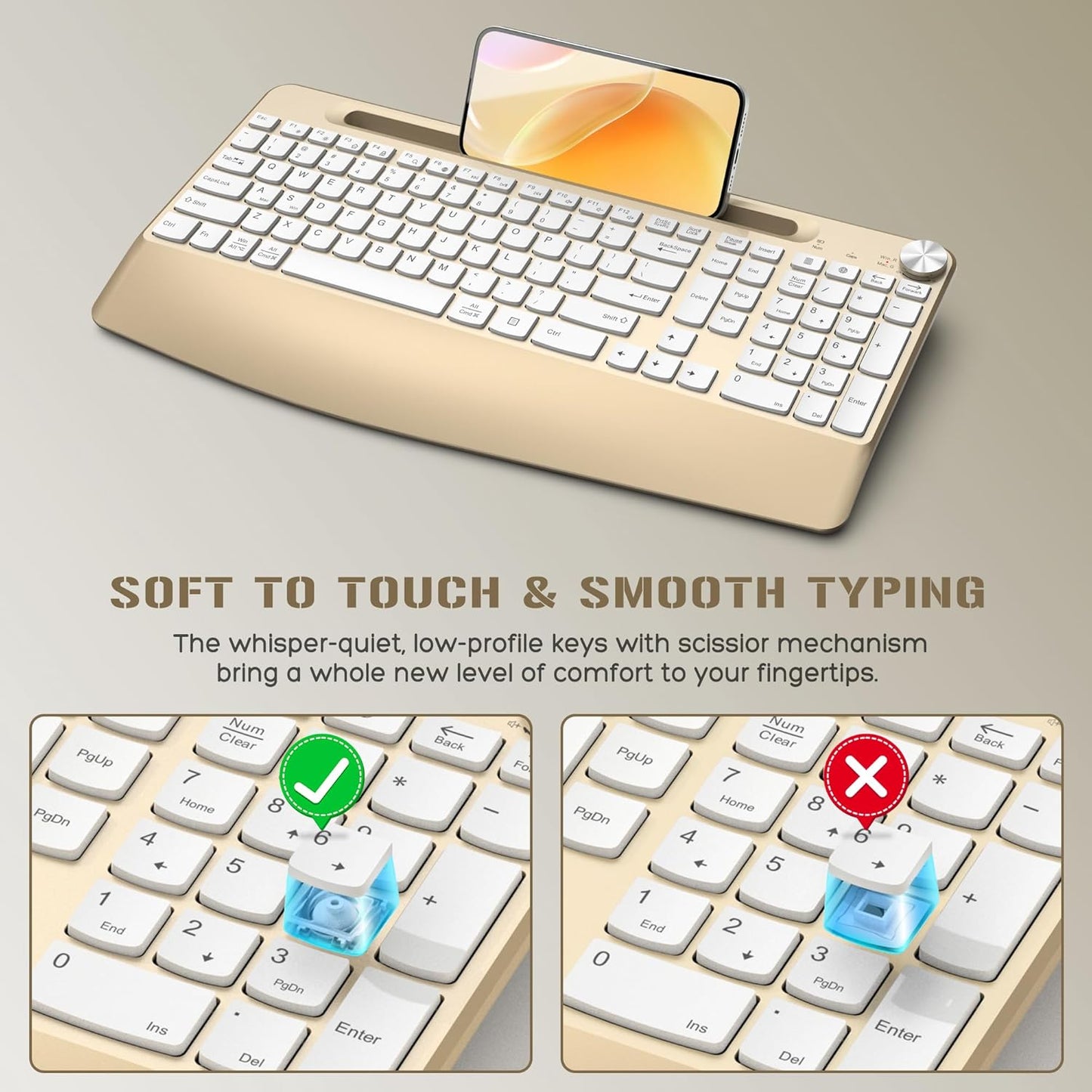 Ergonomic Wireless Keyboard and Mouse with Wrist Rest,Phone Holder - 2.4GHz Full-Sized Low-Profile Quiet Gold Wireless Mouse and Keyboard Combo for Computer, Laptop, PC, Mac-Gold