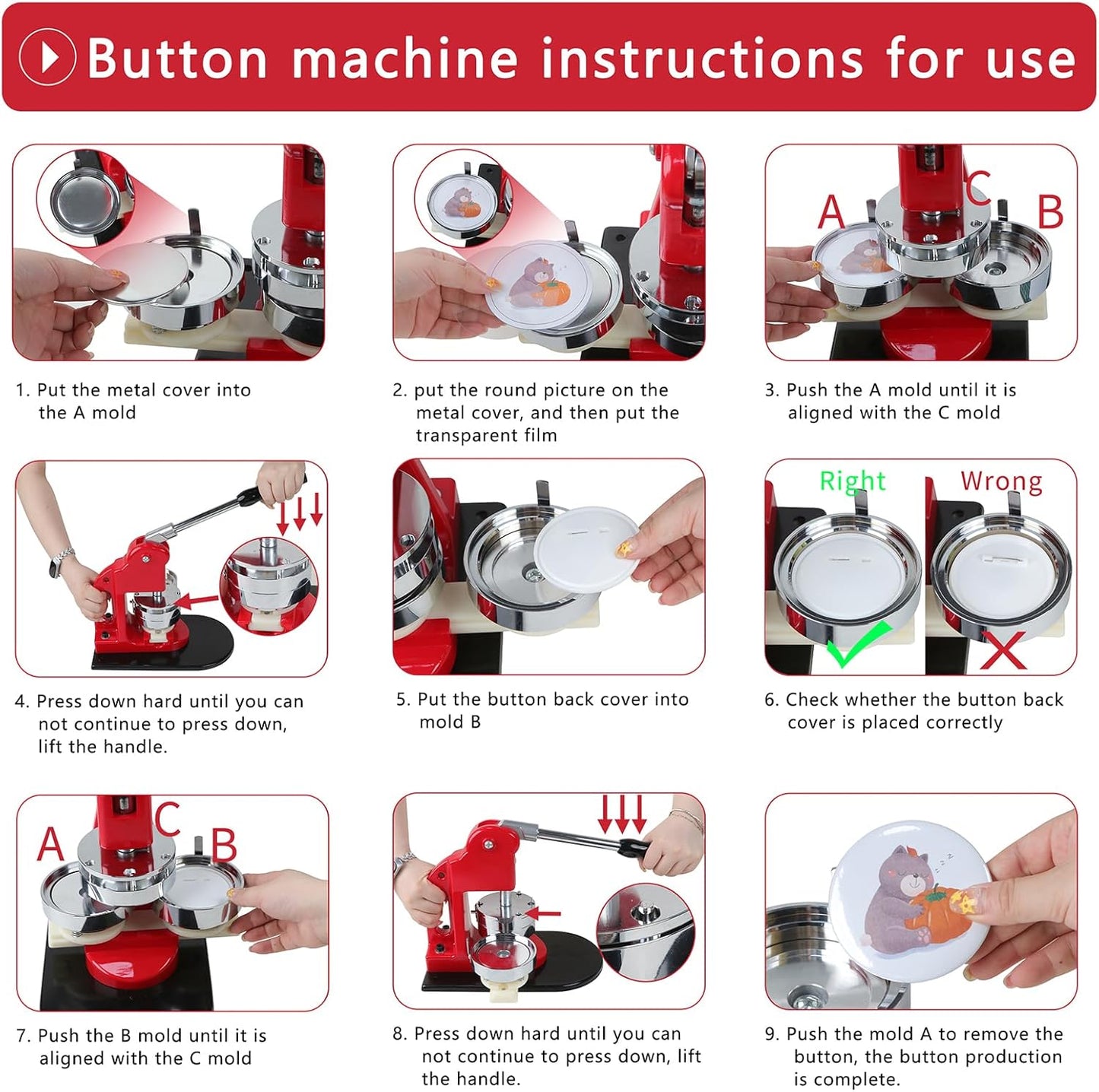 Button Maker Machine Set, Multiple Sizes Button Maker Machine 58+75mm, Push Pull Button Press Machine,Pin Maker Machine with Circle Cutter and Cutting Mat, Come with 200 Button Parts Supplies