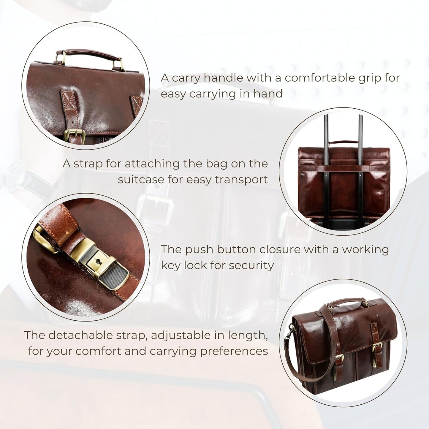 Time Resistance Leather Briefcase for Men Handcrafted in Italy Full Grain Messenger Bag for Laptop