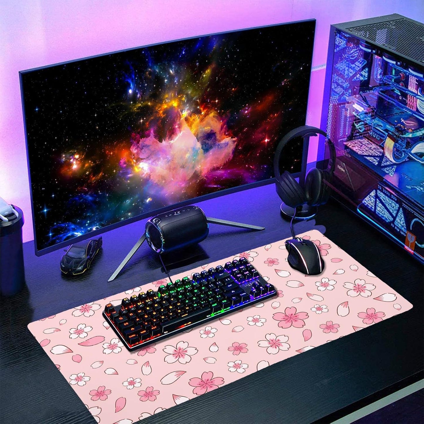 Pink Cherry Blossom Gaming Mouse Pad Large XL Cute Anime Aesthetics Floral Extended Kawaii Flowers Large Mousepad Non-Slip Rubber Base Stitched Edge Long Keyboard Desk Mat for Computer,24x14 Inch