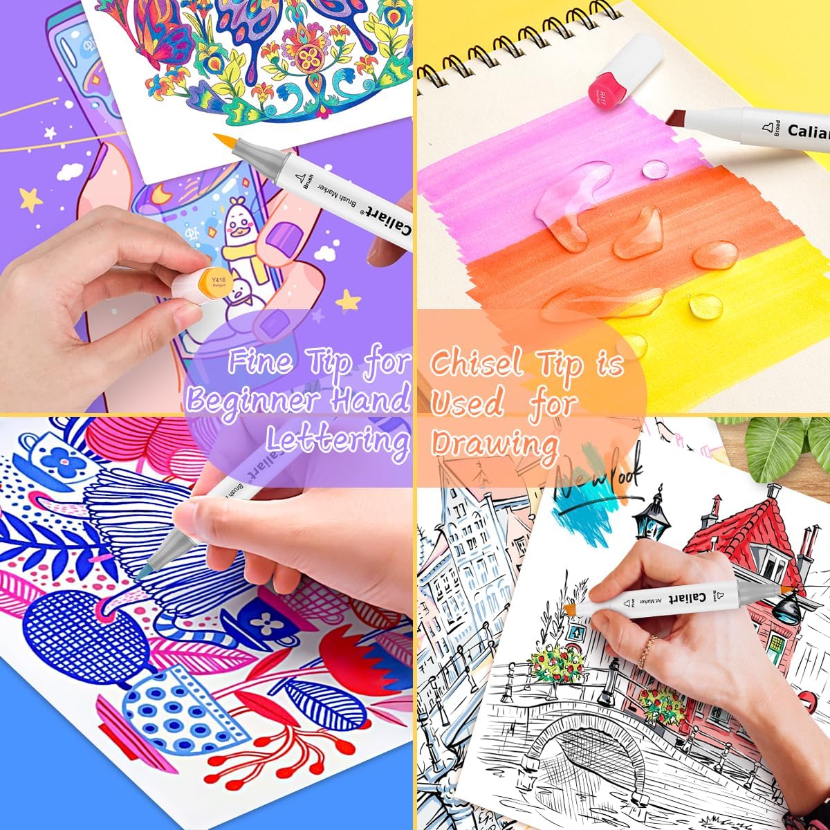 Caliart 24 Colors Fine & Chisel Permanent Alcohol Markers, Dual Tip Artist Sketch Art Markers Set for Adult Coloring Book, Aesthetic Cute School Supplies, Pens for Drawing Coloring Illustrations