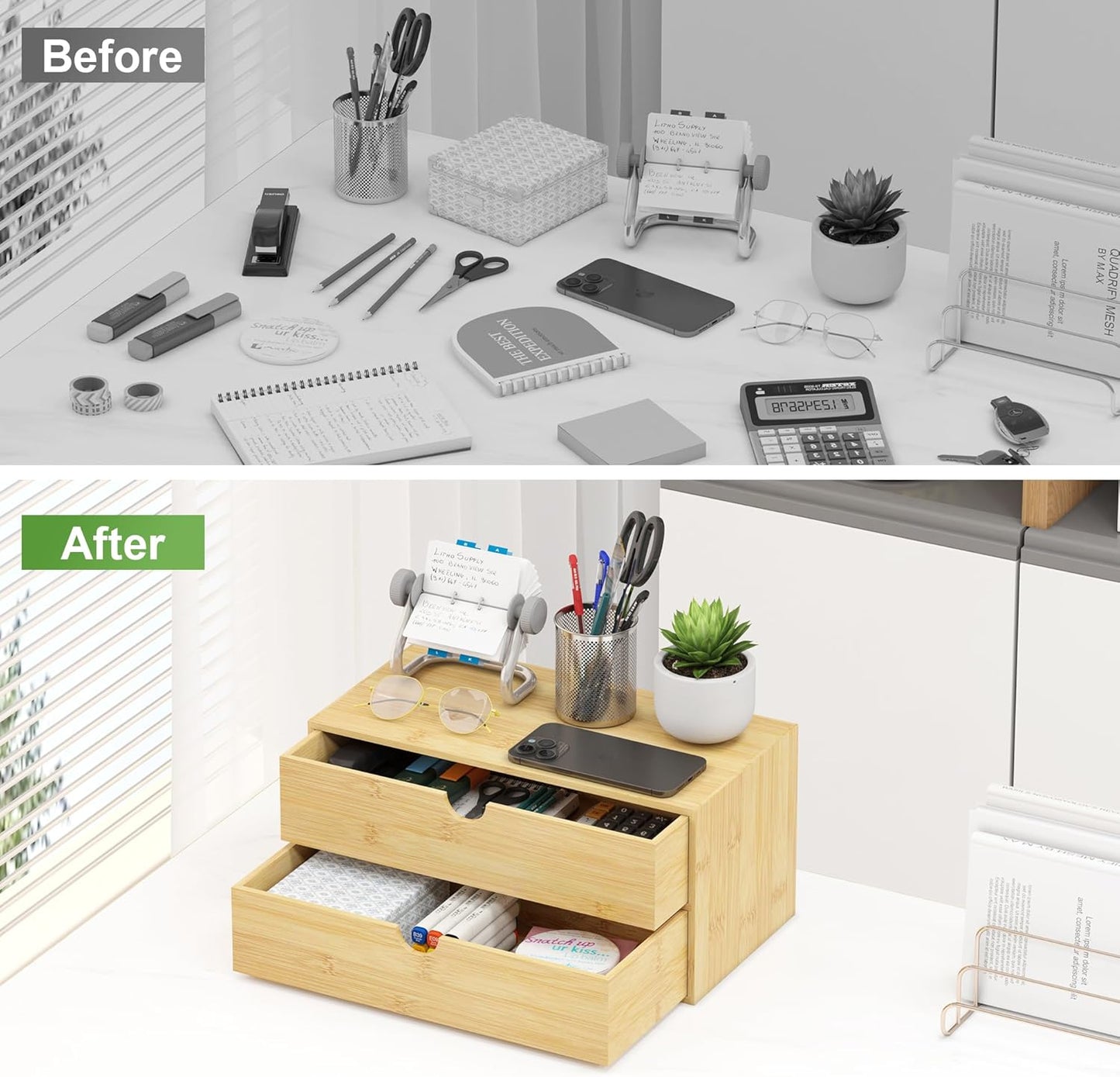 Bamboo Desk Organizer with Drawers - Small Desktop Storage Container for Countertop & Tabletop - No Assembly Required