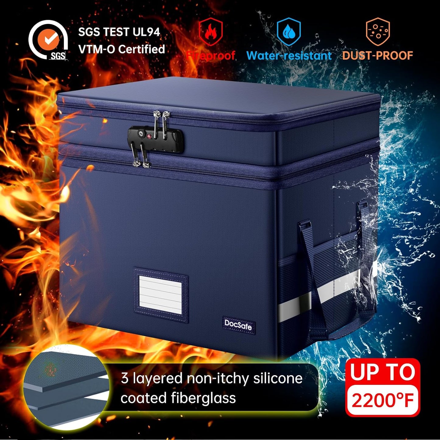 DocSafe File Box with Lock,Multi-Layer Fireproof Document Box Collapsible File Storage Organizer with Pockets/Handle,Large Portable Home Office Filing Safe for Hanging Letter/Legal Size Folders,Blue