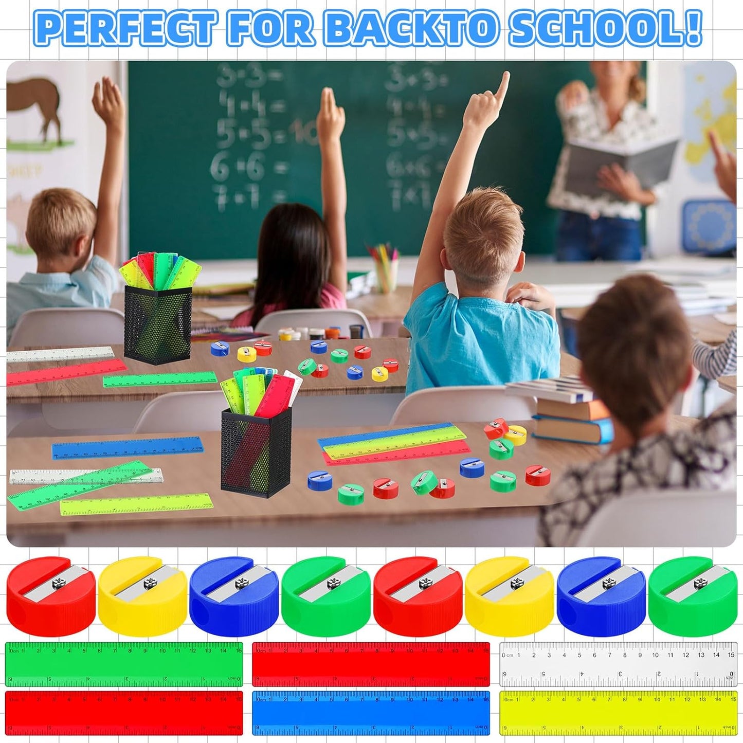 100 Pcs Plastic Rulers and 100 Pcs Mini Round Manual Pencil Sharpener Bulk, 4 Assorted Colors Pocket Sized Pencil Sharpeners Colorful Straight Ruler Back to School Supplies for Kids (Classic,6 Inch)