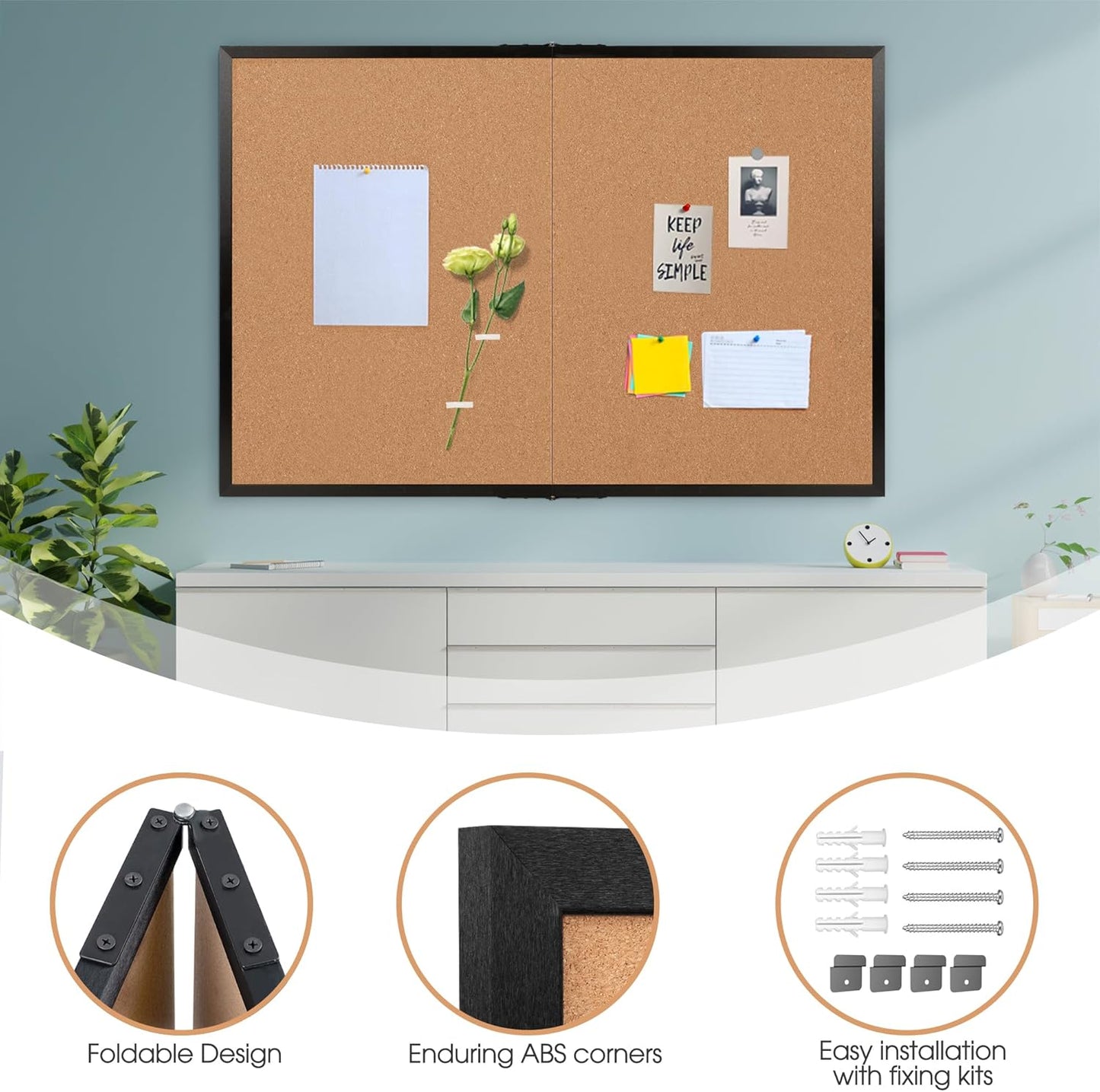 Board2by Extra Large Cork Bulletin Board 60" X 48", Foldable Notice Pin Board for Wall, Black Wood Framed 5'x4' Corkboard, Wall Mounted Noticeboard with 32 Push Pins for School, Home & Office