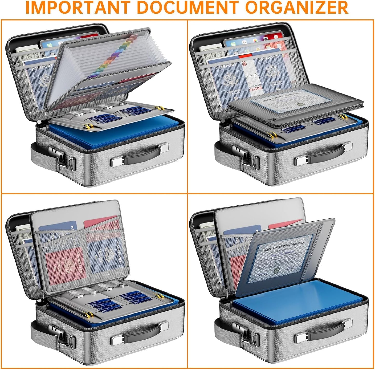 DocSafe Fireproof Document Box with Lock&Shoulder Strap,Hard Case File Organizer with Accordion File Folder,Multi-Layer Portable Home Office Travel Safe Storage for Important Documents Laptop Silver