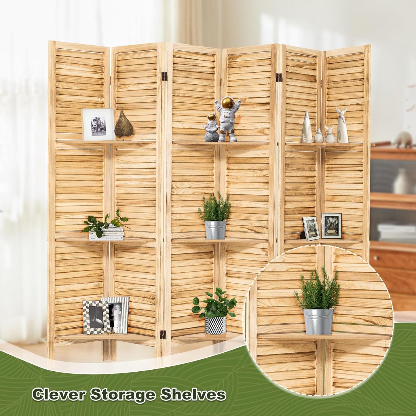 NicBex 6 Panel Room Divider 5.6FT Louvered Design Room Dividers with Display Storage Shelves Folding Privacy Screens Portable Freestanding Partition Wall Dividers for Home Bedroom Office, Natural Wood