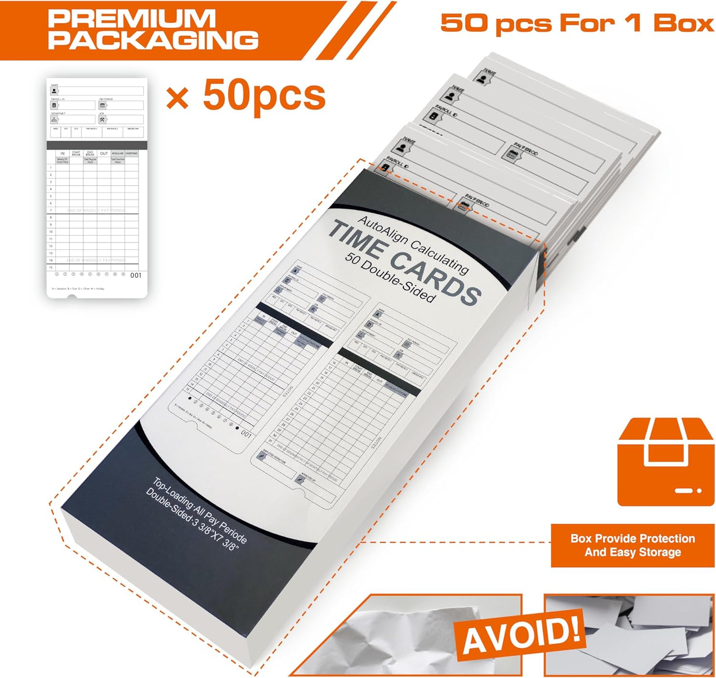 100 time Cards for HN4000, HN2000, HN2500, HN4500 time Clocks and More, Card Numbers 1-50, with pre-Punched Holes Employee time Cards (with Separate Box)