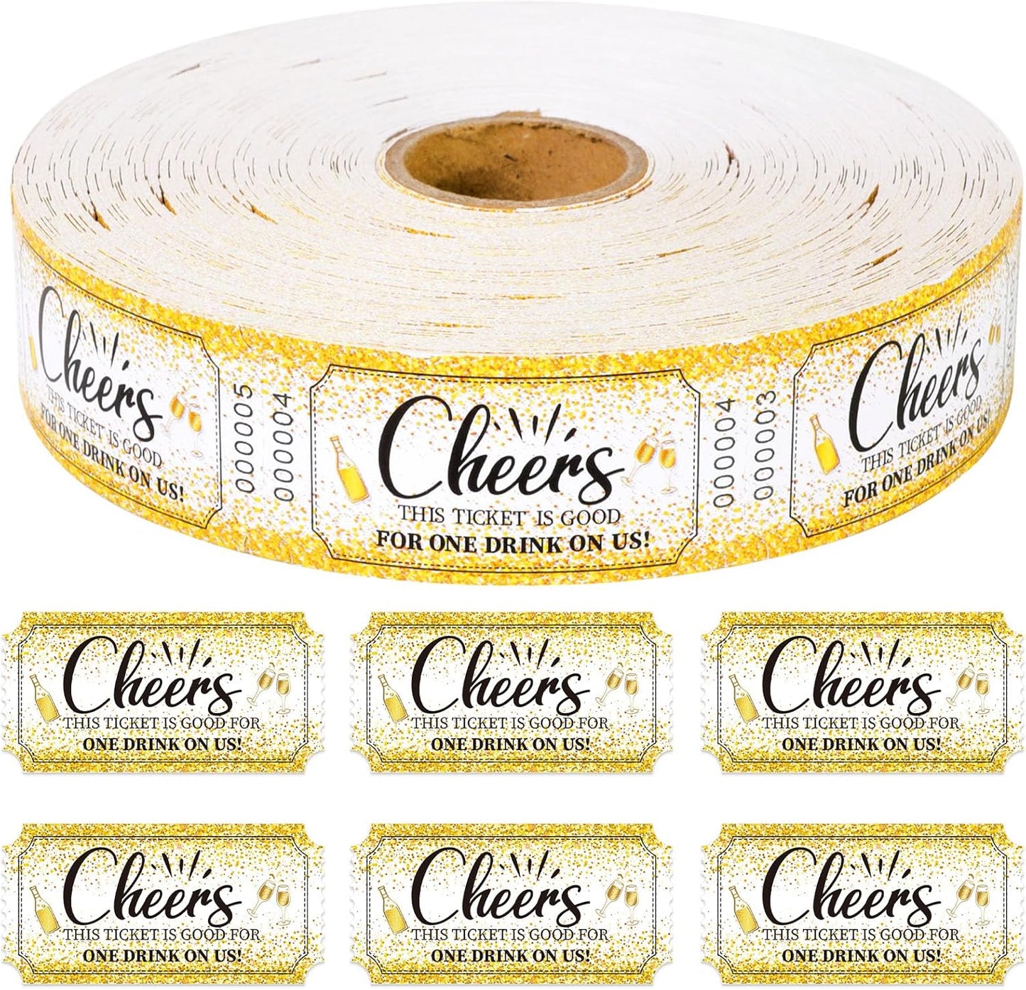 1000 Pcs Drink Ticket Single Raffle Tickets Roll Golden Sequins Cocktail Design Cheers Free Drink Ticket for Events Wedding Work Formal Parties Leisure Class Reward