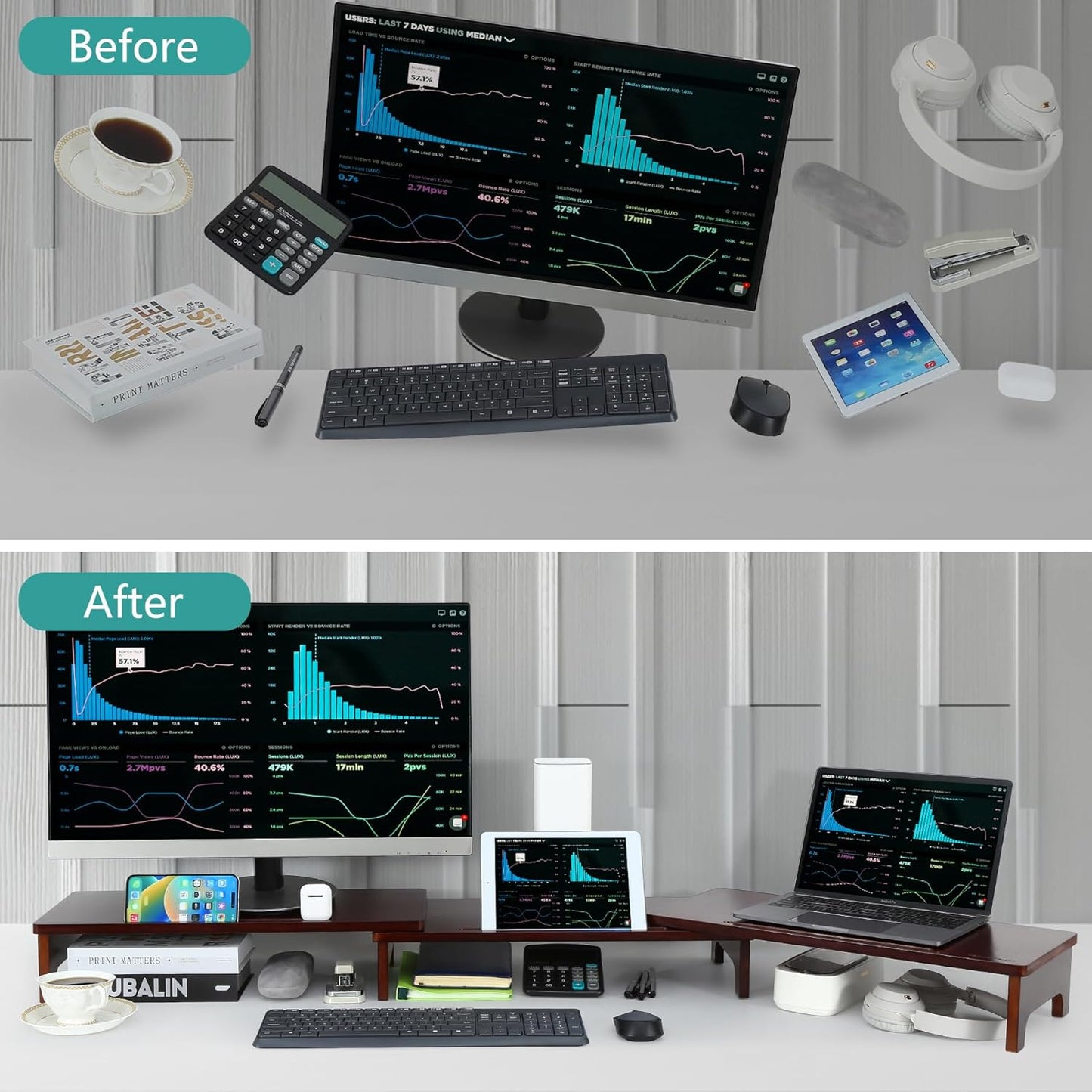 Nnewvante Monitor Stand Riser, Upgrade Height Large TV Riser, 60 inch Large Bamboo Dual Monitor Stand for Desk, 3 Shelves Desktop Screen Riser with Adjustable Length Angle for Computer Laptop Walnut