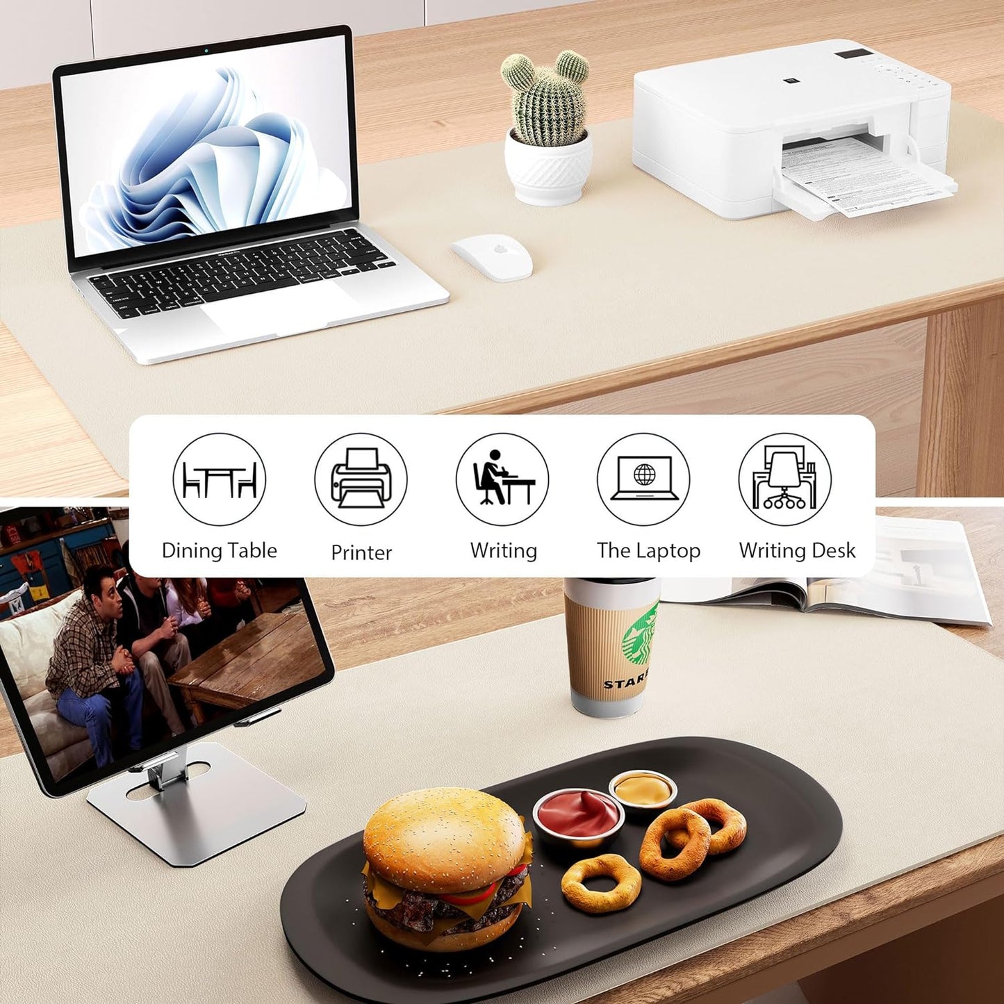 Aothia Dual-Sided Desk Mat - Natural Cork & Leather Desk Protector, Large Mouse Pad, Waterproof Blotter, Writing Pad for Office/Home, Beige (25.6"x13.7")