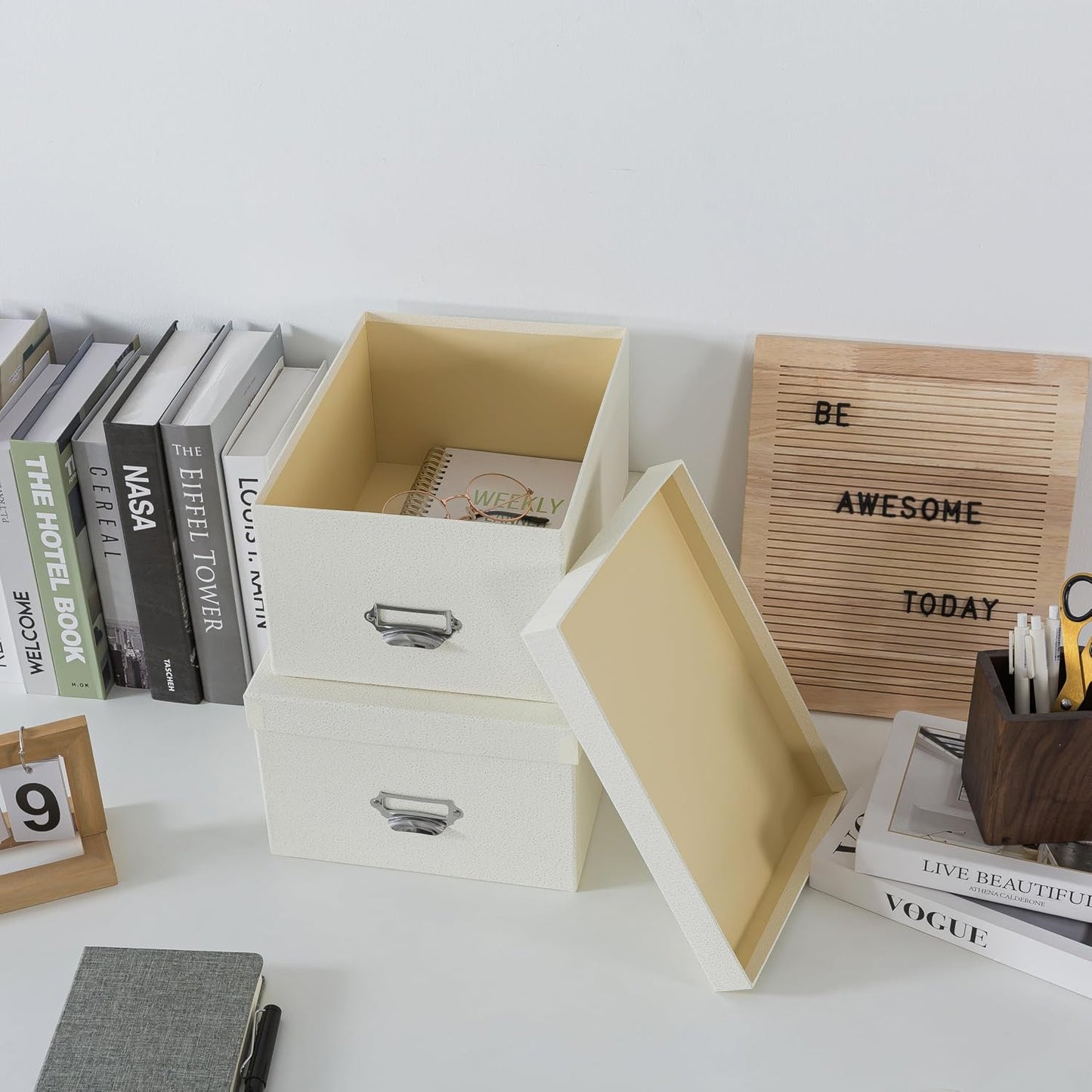 Soul & Lane Decorative Cardboard Storage Boxes with Lids, Set of 2 Stacking Keepsake Photo and Memory Boxes for Home & Office, Paperboard Organizers with Label Holders and Drawer Pulls, Cream White