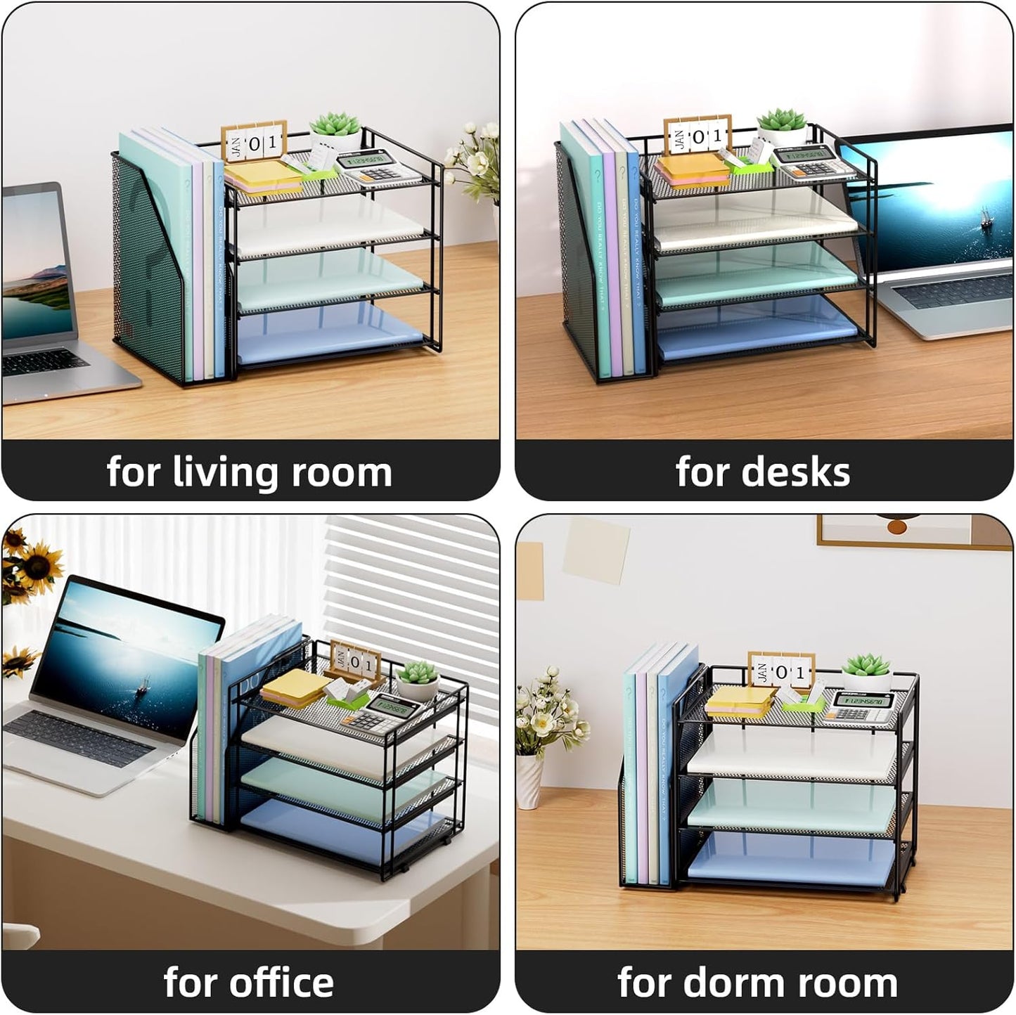 Marbrasse Desk Organizer and Accessories,4-Tier Paper Letter Tray Organizer with File Holder,Desk Accessories & Workspace Desktop Organizers for School Home Office Supplies (Black)