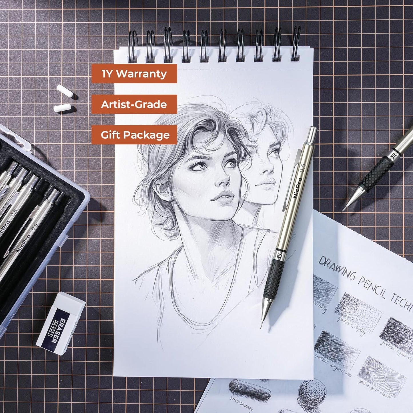 Nicpro 0.5 mm Art Mechanical Pencils Set in Gift Case, 6 PCS Metal Drafting Pencil 0.5mm with 6 Tube HB Lead Refills & 18 PCS Eraser Refills for Adults, Children, Artist Writing, Drawing, Sketching