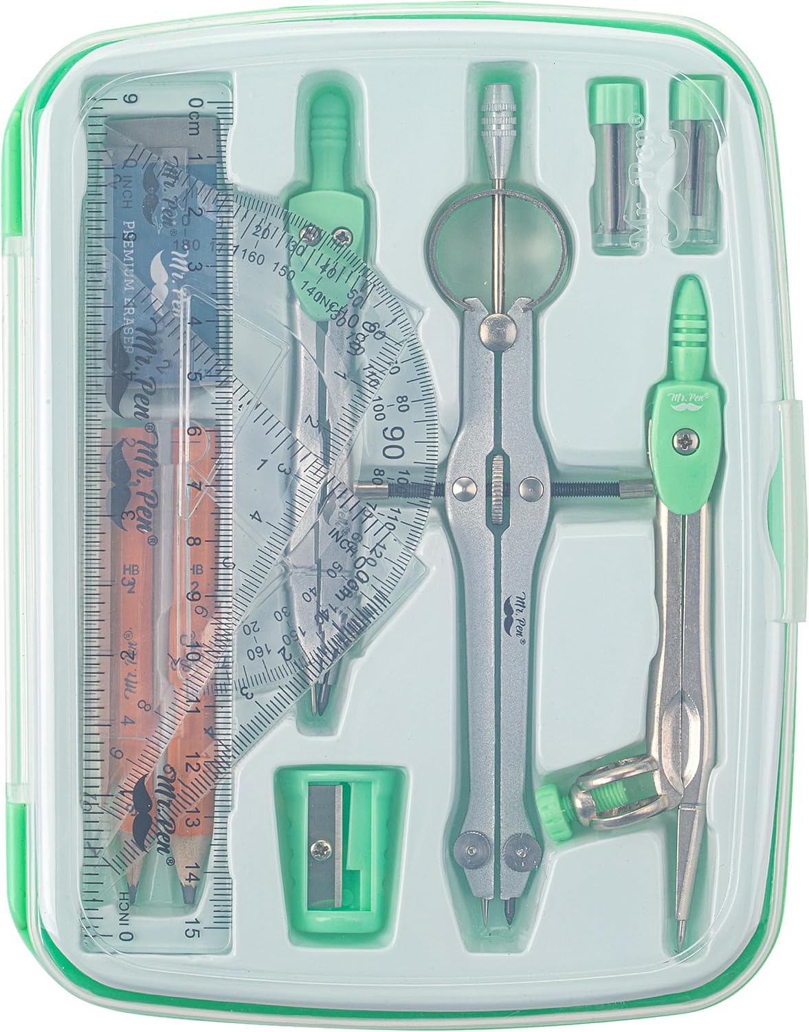 Mr. Pen- Geometry Set, 13 pcs, Mint Green, Compass for Geometry Compass Math, Geometry Kit Set with Shatterproof Storage Box, Math Compass, Geometry Set for School, Protractor and Compass Set