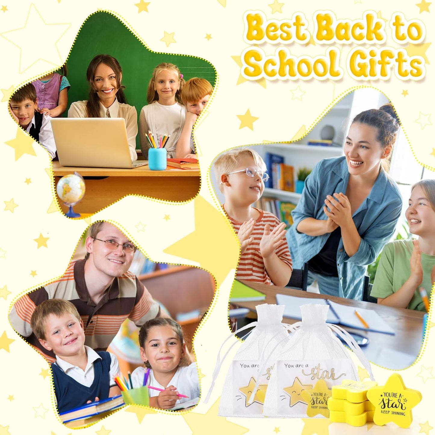 Spakon 100 Pcs Inspirational Star Erasers for Kids Bulk Cute Back to School Erasers 1.57" Fun Eraser for Classroom Prize You're A Star Yellow Motivational Gift for School Student Rewards