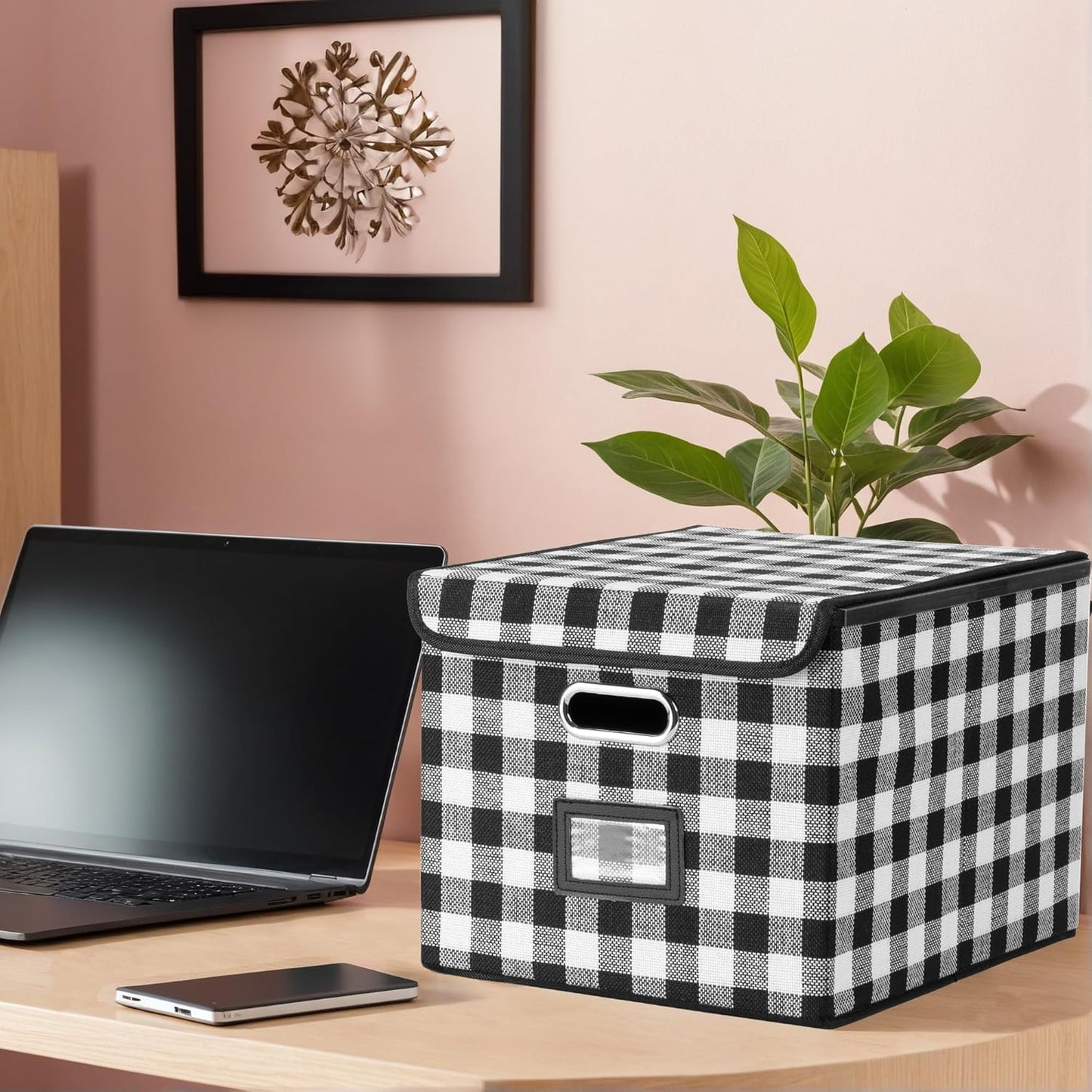 File Organizer Box, Linen Filing Organizer with Lid, Large Desktop File Boxes, Black and White Lattice