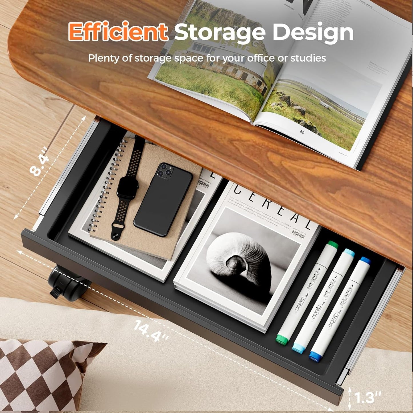 Mobile Standing Desk with Drawer, 28" Rolling Desk with Cup Holder and Hooks, Portable Laptop Workstation on Wheels, Height Adjustable Cart with Storage for Home Office, Dark Wood