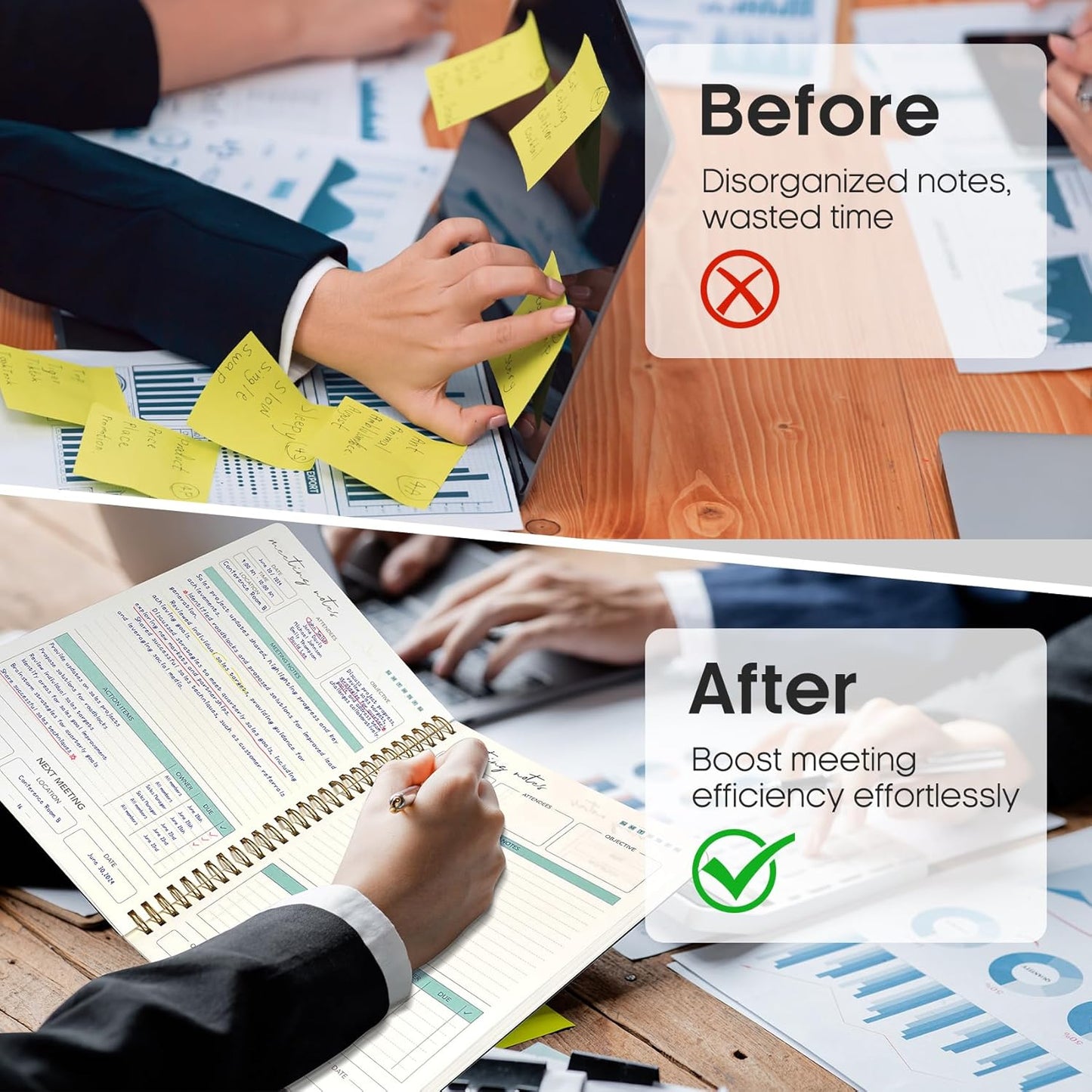 6 Pack of Meeting Notebook for Work Organization - Work notebook with action items, Meeting Minutes Planner Notebook, Perfect Office Supplies for Men & Women - Black