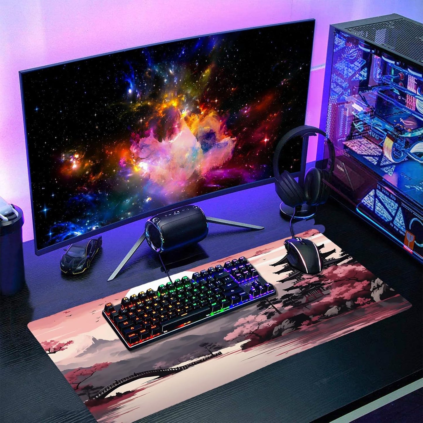 Pink Japanese Sakura Gaming Mouse Pad Large XL Cherry Blossom Tower Mountain Landscape Extended Desk Mat Big Mousepad Non-Slip Rubber Base Stitched Edge Long Desk Pad for Computer,24x14 in,60x35cm