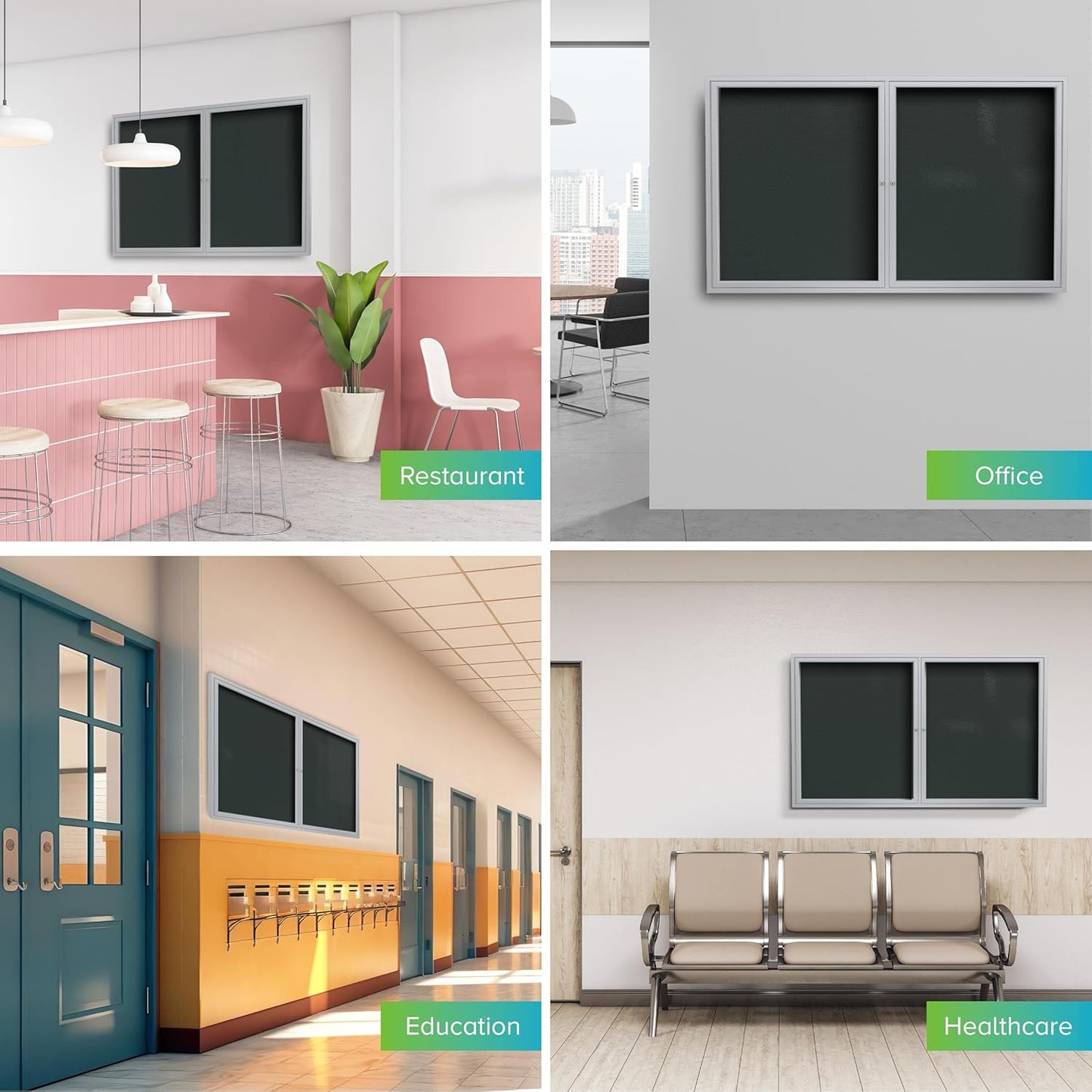 Ghent 48"x60" 2-Door Outdoor Enclosed Vinyl Bulletin Board, Shatter Resistant, with Lock, Satin Aluminum Frame - Ebony (PA24860VX-183), Made in the USA