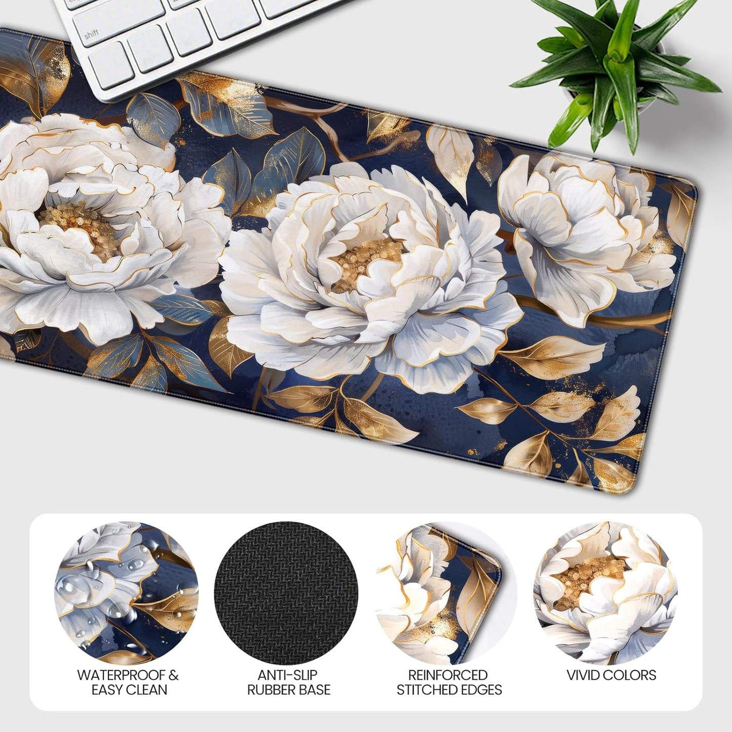 35.4 x 15.7 inches, Large Desktop Mouse pad, Keyboard and Mouse Pads for Work and Home Computers, and Large Laptop Mouse mat,White Peonies