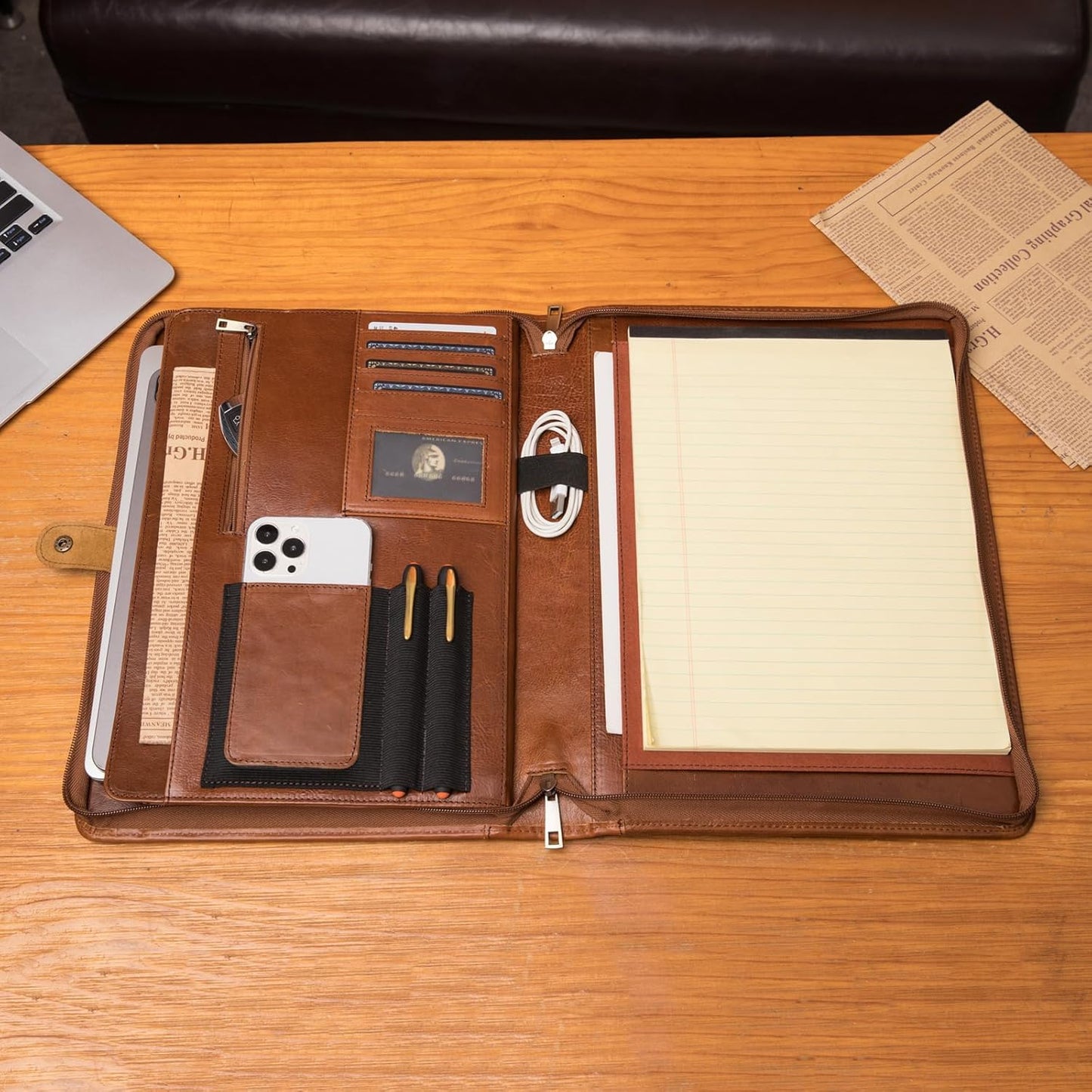 Genuine Leather Portfolio, Legal Size 8.5 x 14 Pad Holder, Business Padfolio for Men and Women, Zippered Laptop Organizer, Executive Professional Work Travel Notepad Folio, Brown, Oil Tanned