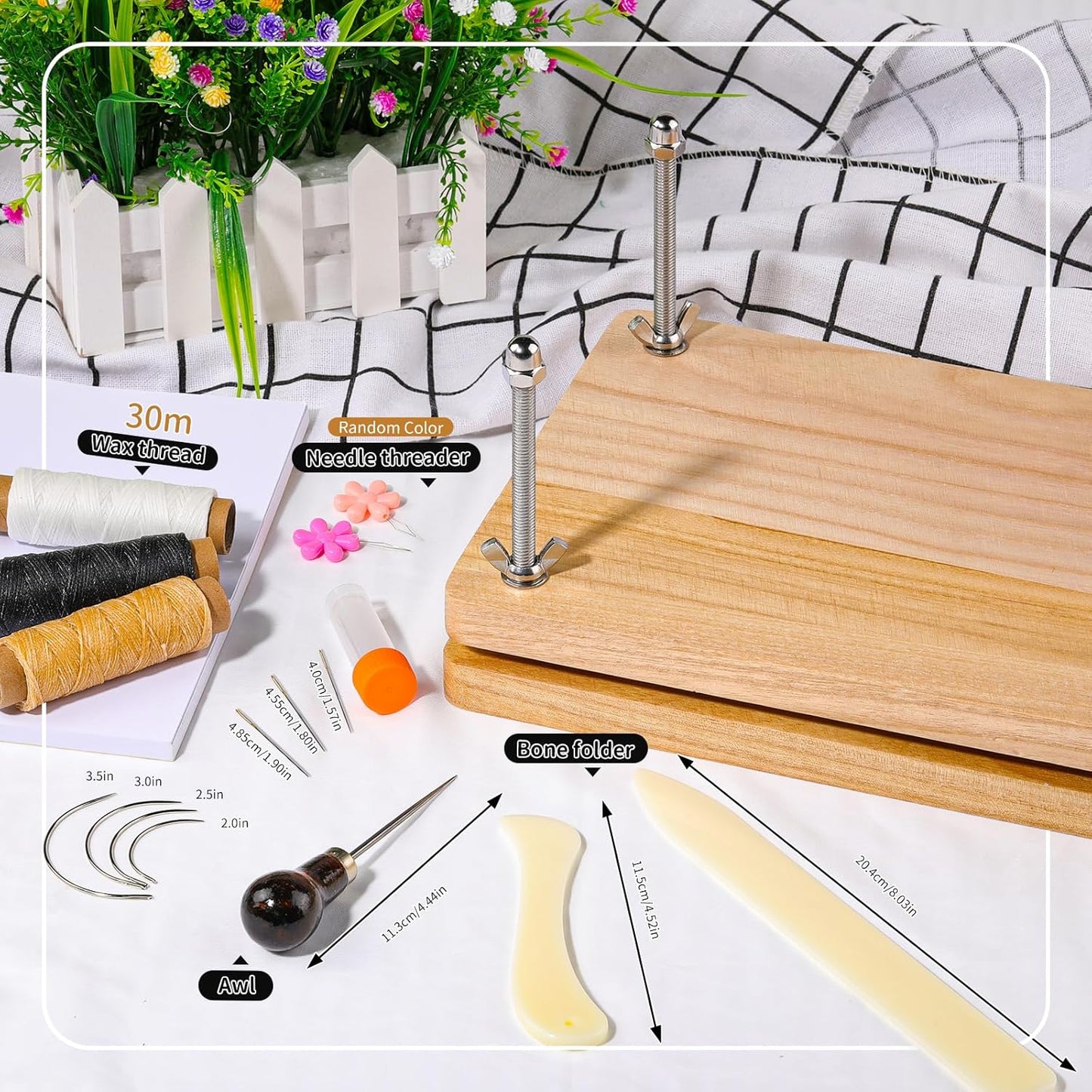 JUPEAN Book Binding Kits, Bookbinding Supplies, Bookbinding Kit for Beginners Bone Folder Tool with Paper Awl Waxed Thread Book Press for DIY 7.9”x11.6”