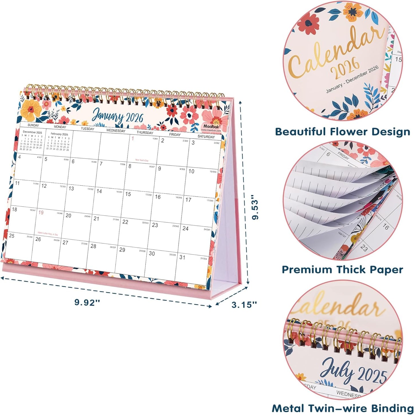 2026 Desk Calendar - Jan. 2026 – Dec. 2026, Standing Flip Calendar 2026, 12 Months Desktop Calendar, 10" x 8.3", Thick Paper, Strong Binding, Stand Up, with Memo Pages & Blank Blocks