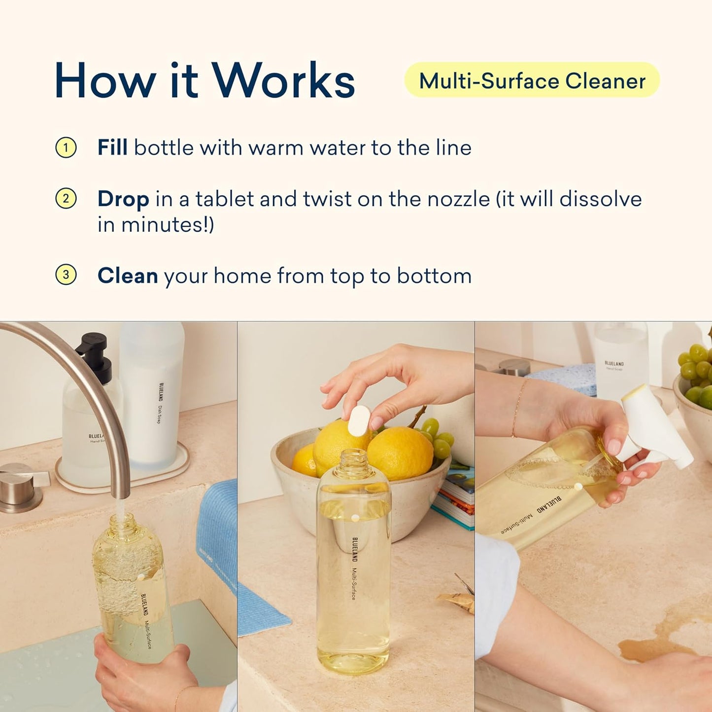 BLUELAND Multi-surface Cleaner, 4-Pack Refill, Fresh Lemon Scent, All-Purpose, Eco-Friendly Cleaning Supplies, 4 x 24 Fl oz