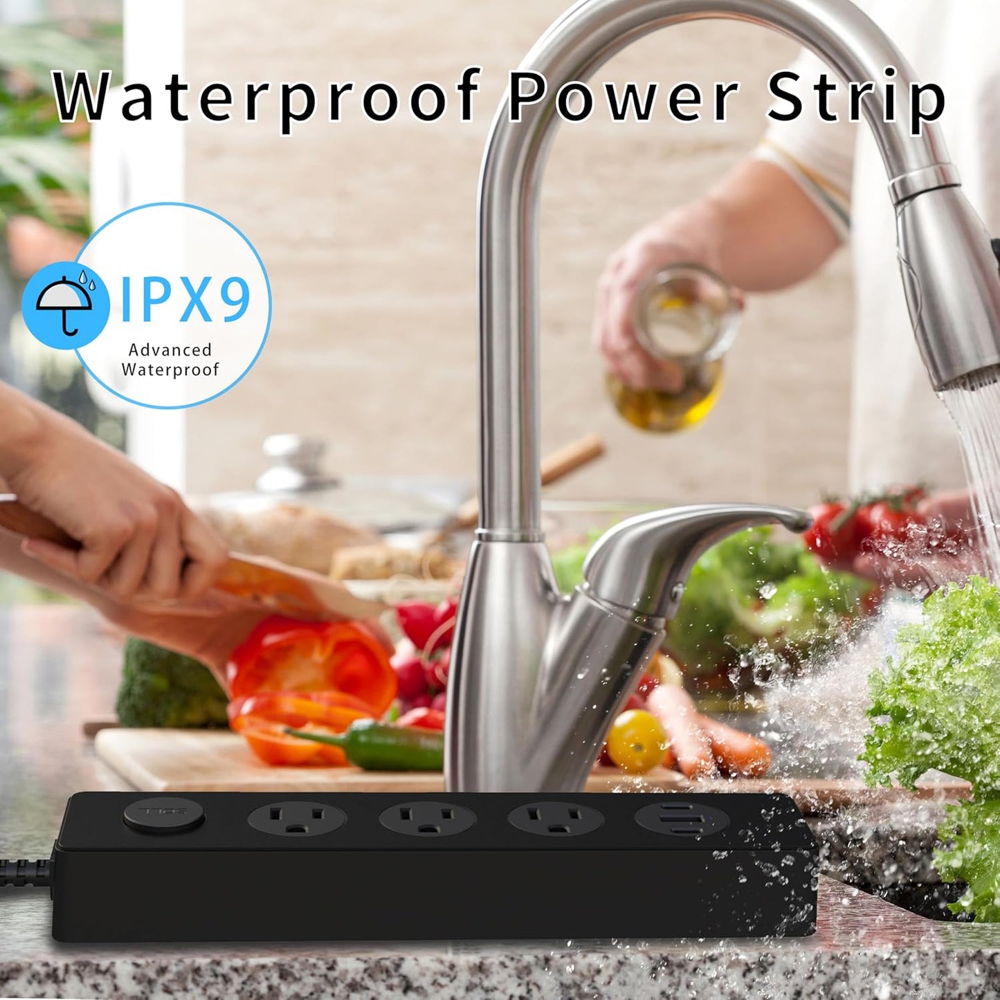 SOLL IPX9 Outdoor Power Strip Weatherproof, Surge Protector Power Strip with 3 Outlet and 3 USB Charging Ports(2 USB C), 5.18FT Extension Cord for Patio, Garden, Bathroom, Kitchen, Garage, Office