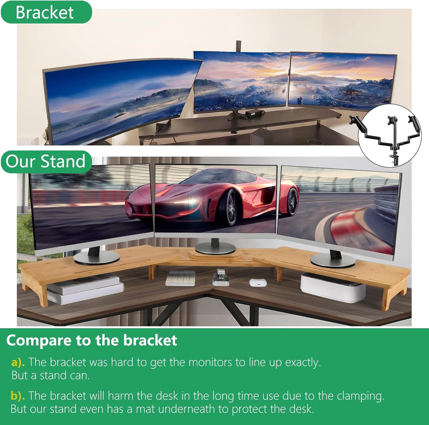 Nnewvante Monitor Stand Riser, 60 inch Large Bamboo Dual Monitor Stand for Desk, 3 Shelves Desktop Screen Riser with Adjustable Length Angle for Computer Laptop PC