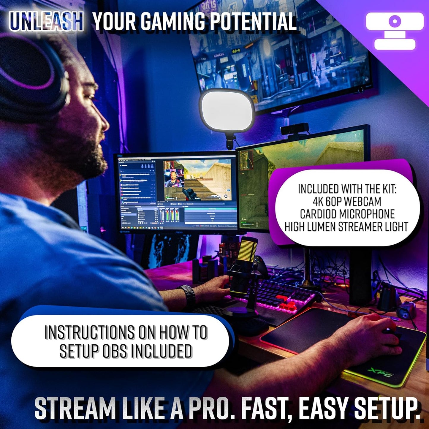 Live Video Streaming Kit (Deluxe)-for Video Call, Gaming, Podcast, YouTube, Content Creation- Includes 2k 60 FPS Webcam, Professional Cardioid Microphone, and LED Flat Light for Android/MAC/Windows