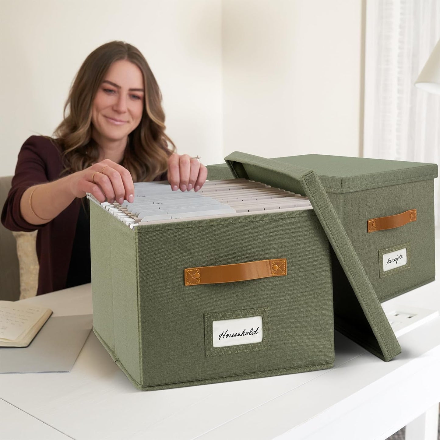 ZICOTO Decorative File Organizer Box Set of 2 - Collapsible Linen Filing Cabinets w/Handles Are Perfect to Store all Your Documents & Hanging File Folders - Portable Easy Slide Crates with Lid