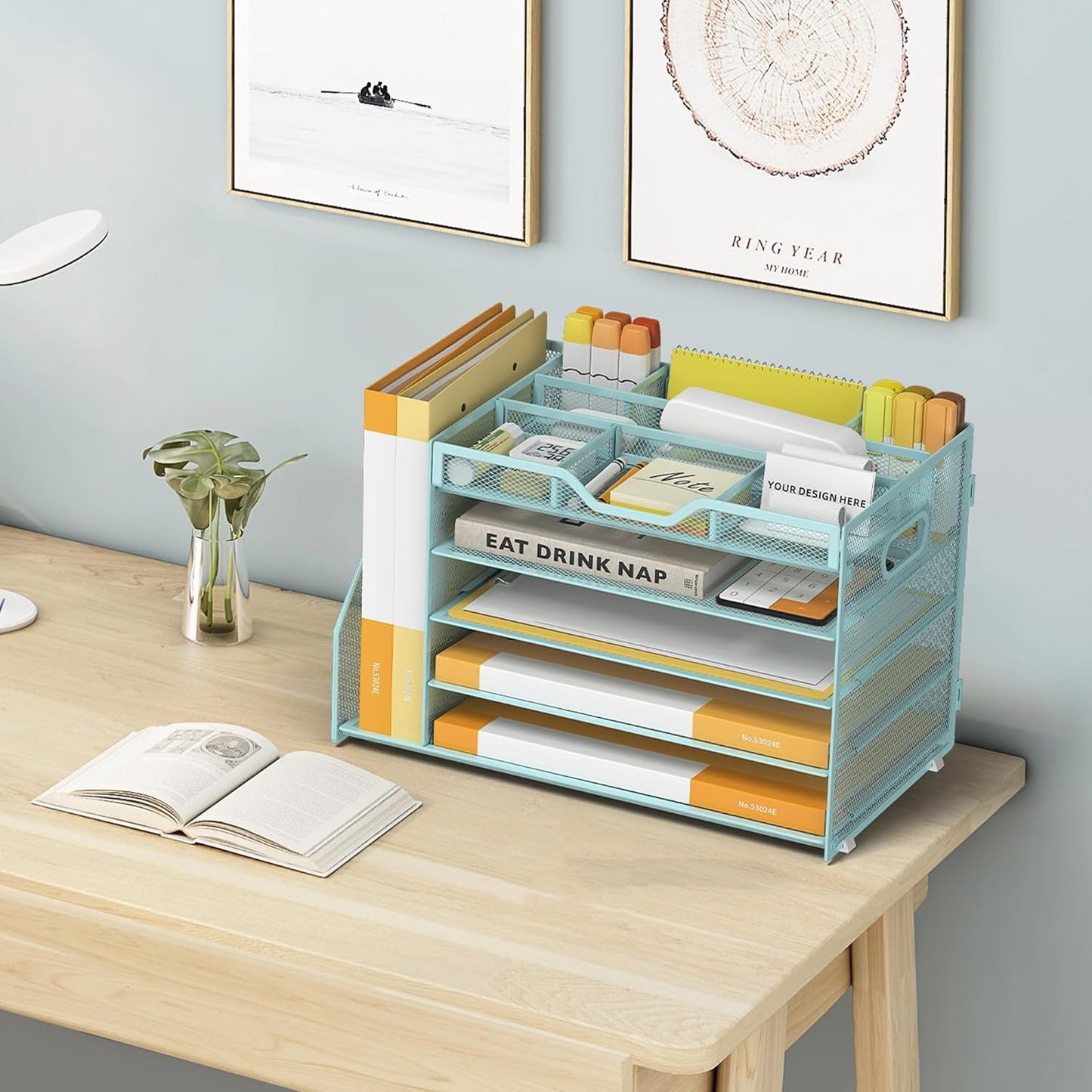 5 Tier Paper Letter Tray with File Holder and 3 Drop-in Pen Holders, Mesh Desk File Organizer with Handle, Desk Organizers and Accessories for School,Home, Office Supplies Storage-Blue