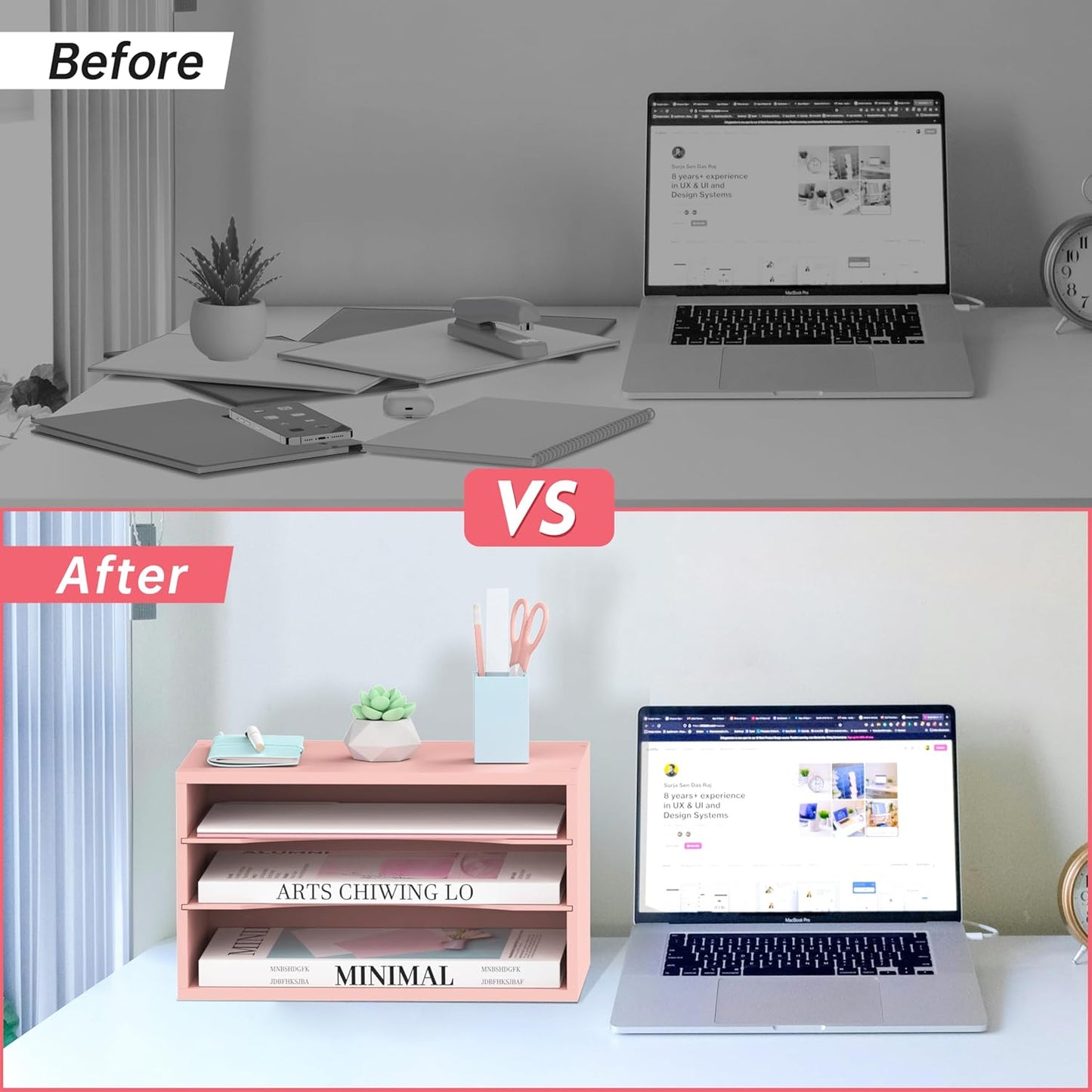 SUPEASY Wood Desk Organizer, 3 Tier Paper File Organizer for Desk, Wooden Desktop Organizer, Paper Letter Literature Mail Sorter, for Office School & Home Organization, Pink