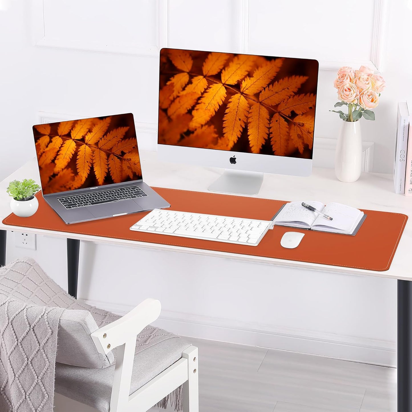 AFIING Leather Desk pad Protector, Large Desk mat with Natural Cork & PU Leather,Mouse pad,Non-Slip Office Desk Mat,Waterproof Desk Writing Pad for Office and Home (47in*23in, Orange)