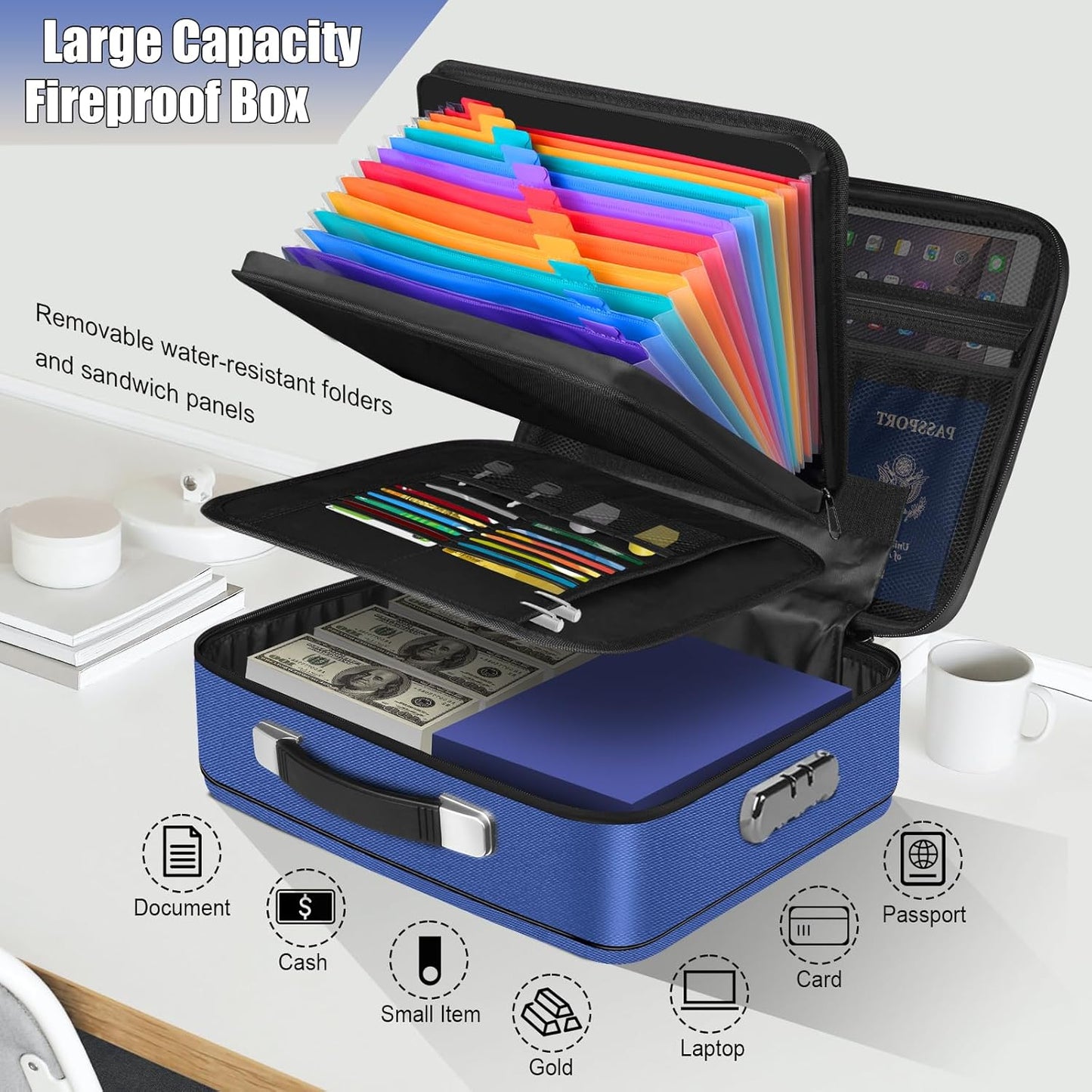 Fireproof Document Box, Hard Shell Fireproof Box, Document Organizer with Lock, Fireproof Water Resistant box, Portable Documents Safe Box for Important Document Certificates, Laptop, Passports, Blue