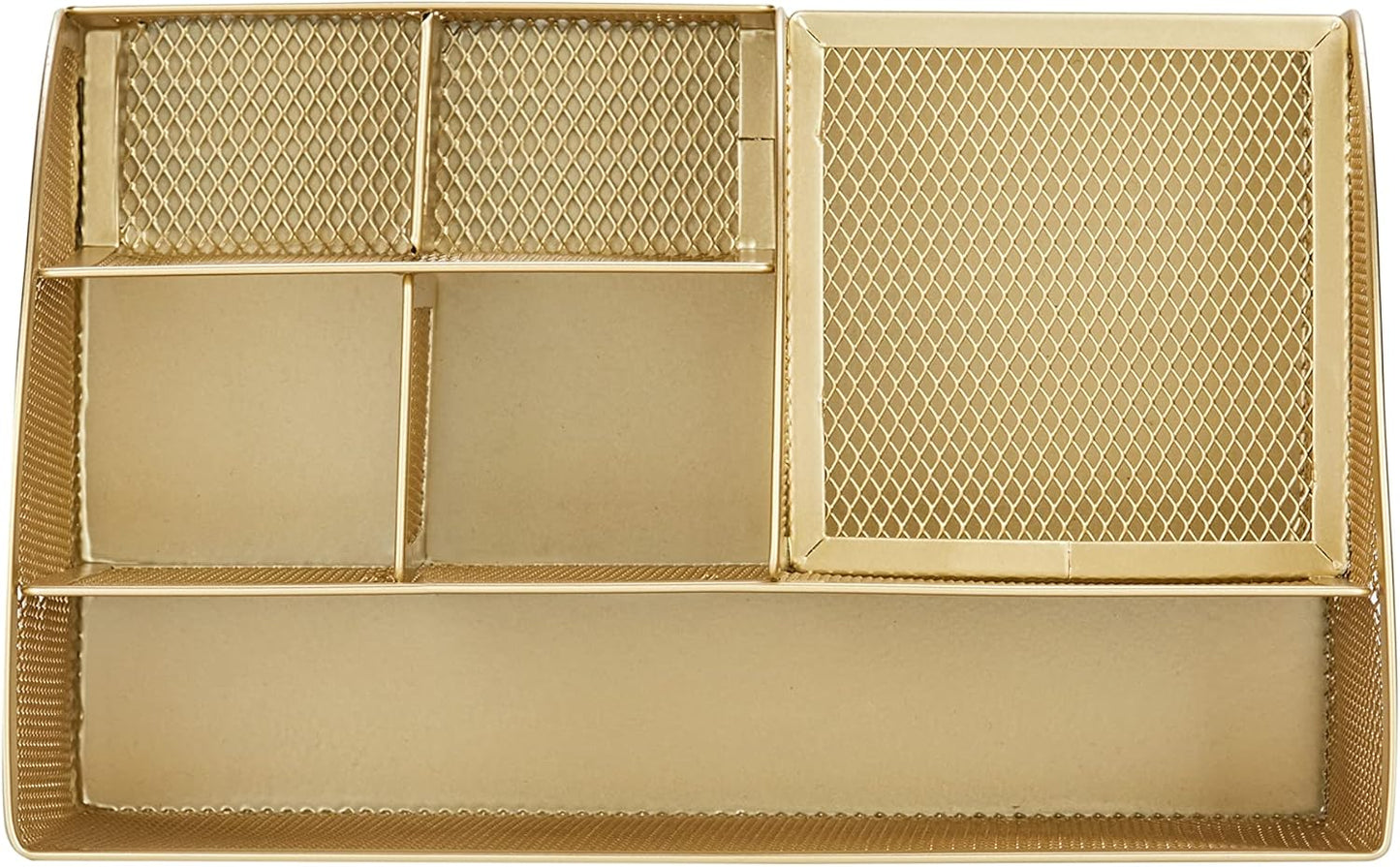 Annova Mesh Desk Organizer Office with 7 Compartments + Drawer/Desk Tidy Candy/Pen Holder/Multifunctional Organizer (Gold)
