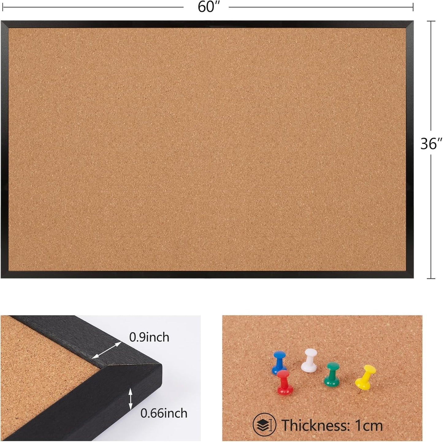 Board2by Extra Large Cork Bulletin Board 60" X 36", Black Wood Framed 5'x3' Corkboard for Wall, Wall Mounted Notice Pin Board with 18 Push Pins for School, Home & Office