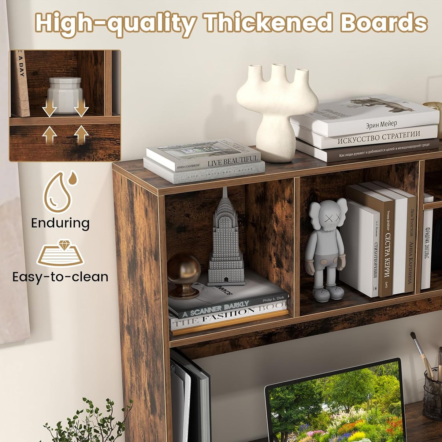 Desk Hutch, Desktop Shelf with 4 Shelves, Desk Bookshelf w/Anti-Toppling Devices, Wood Table Top Bookshelf Organizer, Small Desk Shelf for Study, Office, Dorm (Rustic Brown, 4 Shelves)
