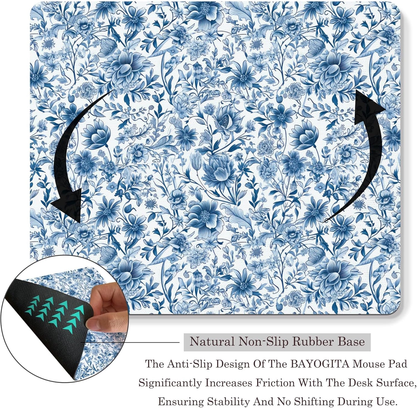 Chinoiserie Floral Mouse Pad - Blue and White Porcelain Floral Mousepad, Blue Chinoiserie Office Mouse Pads, Chinoiserie Decor, Coworker Gifts, Gifts for Employees, 9.5x8 Inches