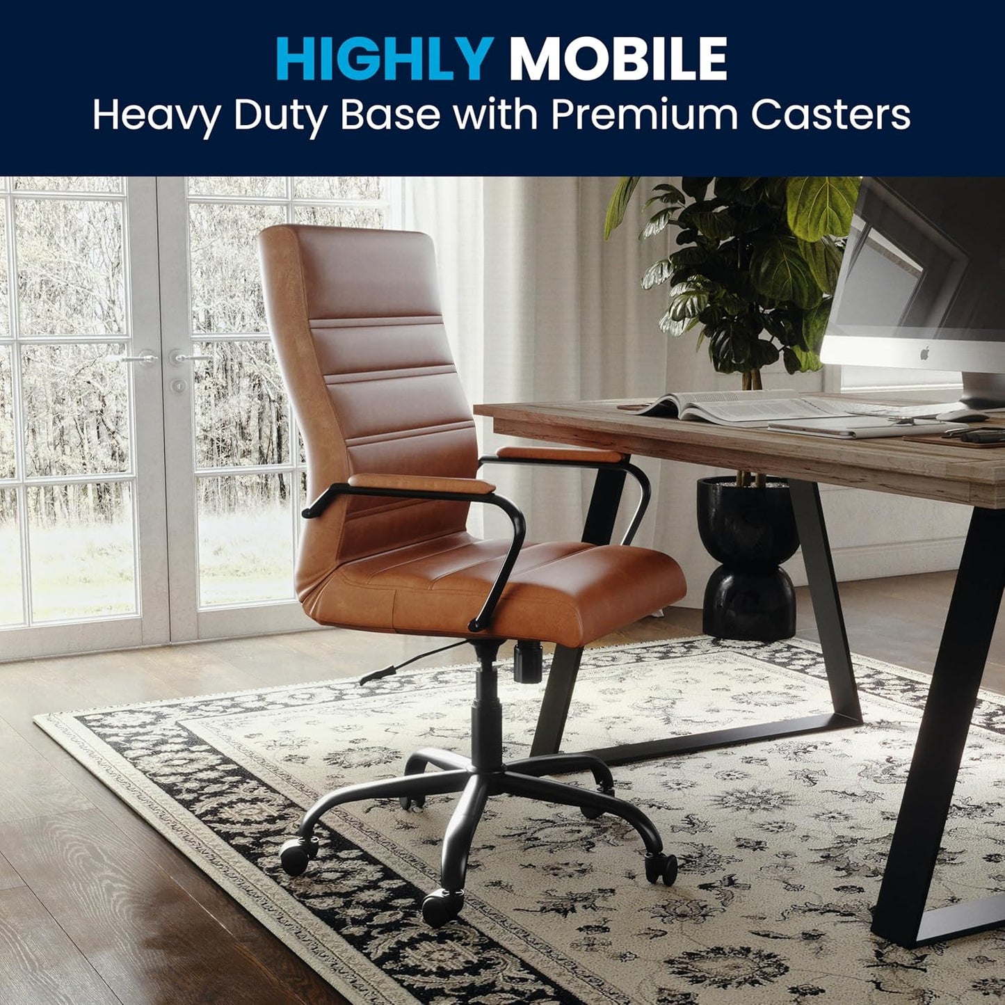 Flash Furniture Whitney High-Back Swivel LeatherSoft Desk Chair with Padded Seat and Armrests, Adjustable Height Padded LeatherSoft Office Chair, Brown/Black Gold