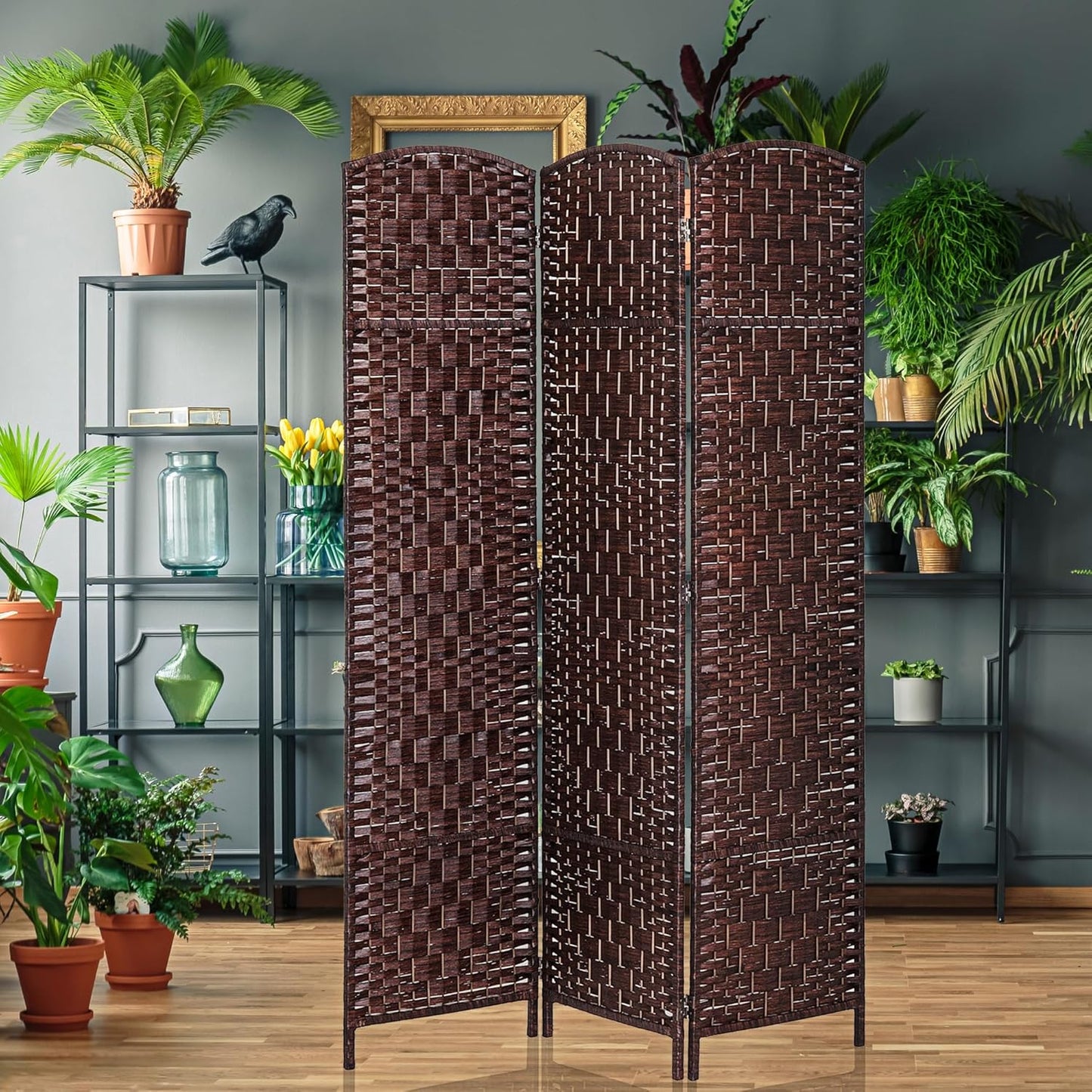 HOMCOM Room Divider, 3 Panel Folding Privacy Screen, 6FT Tall Portable Wicker Weave Partition Wall Divider for Bedroom, Home Office, Brown