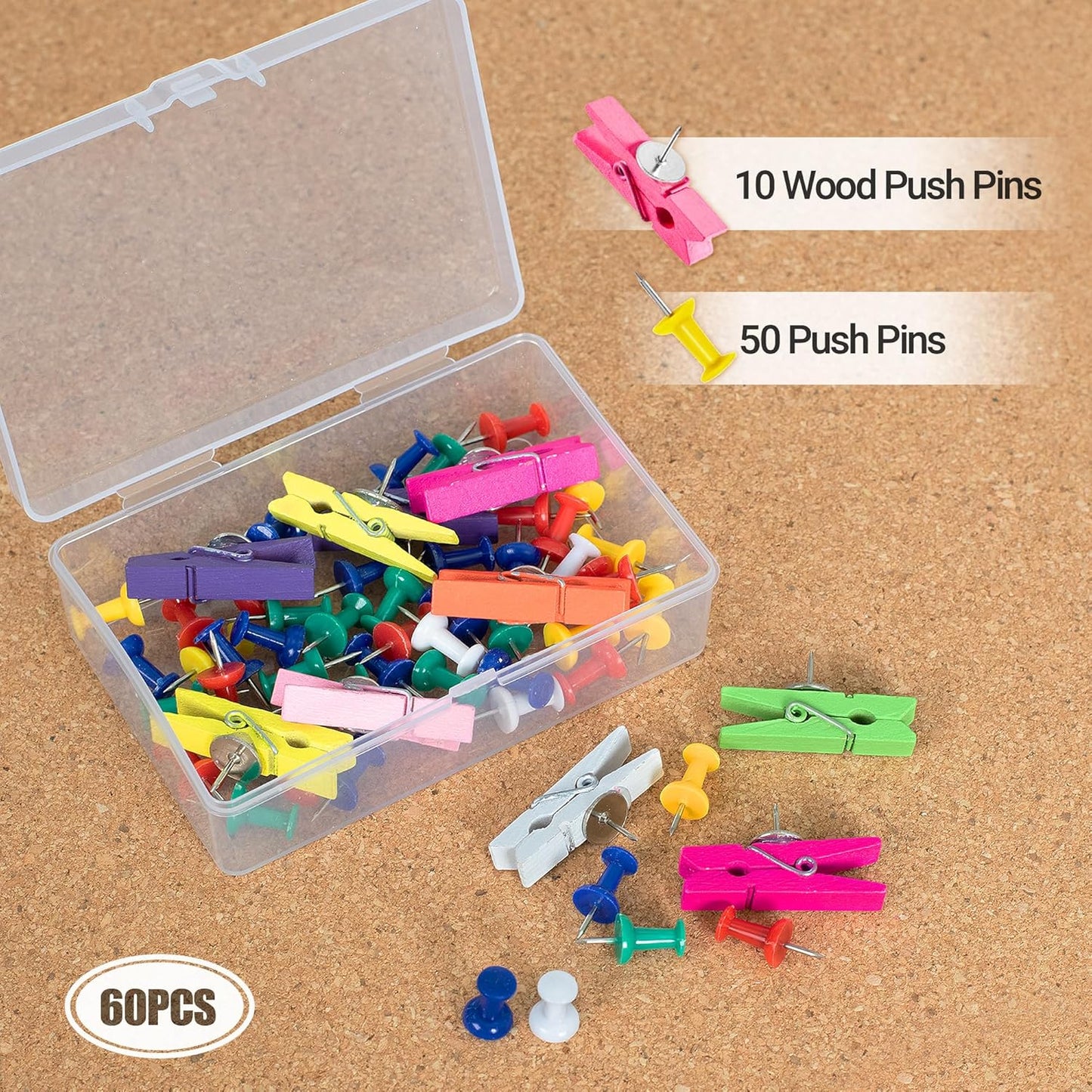 AKTOP Cork Board Bulletin Board 17"x8", 1/2" Thick Cork Board Tiles 6 Pack, Small Pin Board for Wall Decor, Self Adhesive Corkboards with 60 Push Pin Wood Clips for School, Home & Office