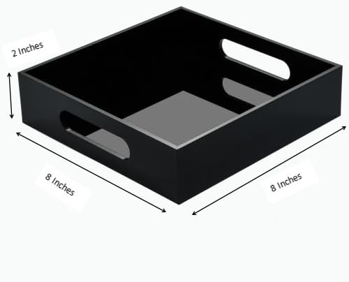 Black Sturdy Acrylic Tray with Handles-8x8 Inch- Countertop Organizer Tray for Kitchen,Bathroom,Office- Storage Box for Cosmetics, Jewelry,Toiletries,Toy,Gadgets