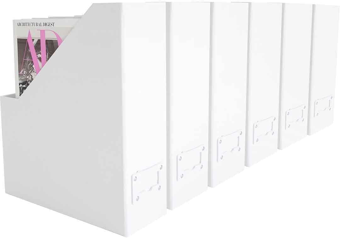 BLU MONACO Set of 6 Foldable White Magazine File Holder with White Leather Label Holders – Stylish Cardboard Desk Organizer Vertical File Organizers Magazine Storage for Workspace and Shelves