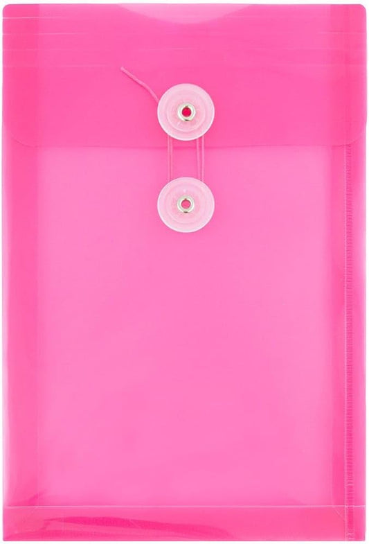 JAM PAPER Plastic Envelopes with Button & String Tie Closure - 6 1/4 x 9 1/4 - Fuchsia Pink - 3/Pack